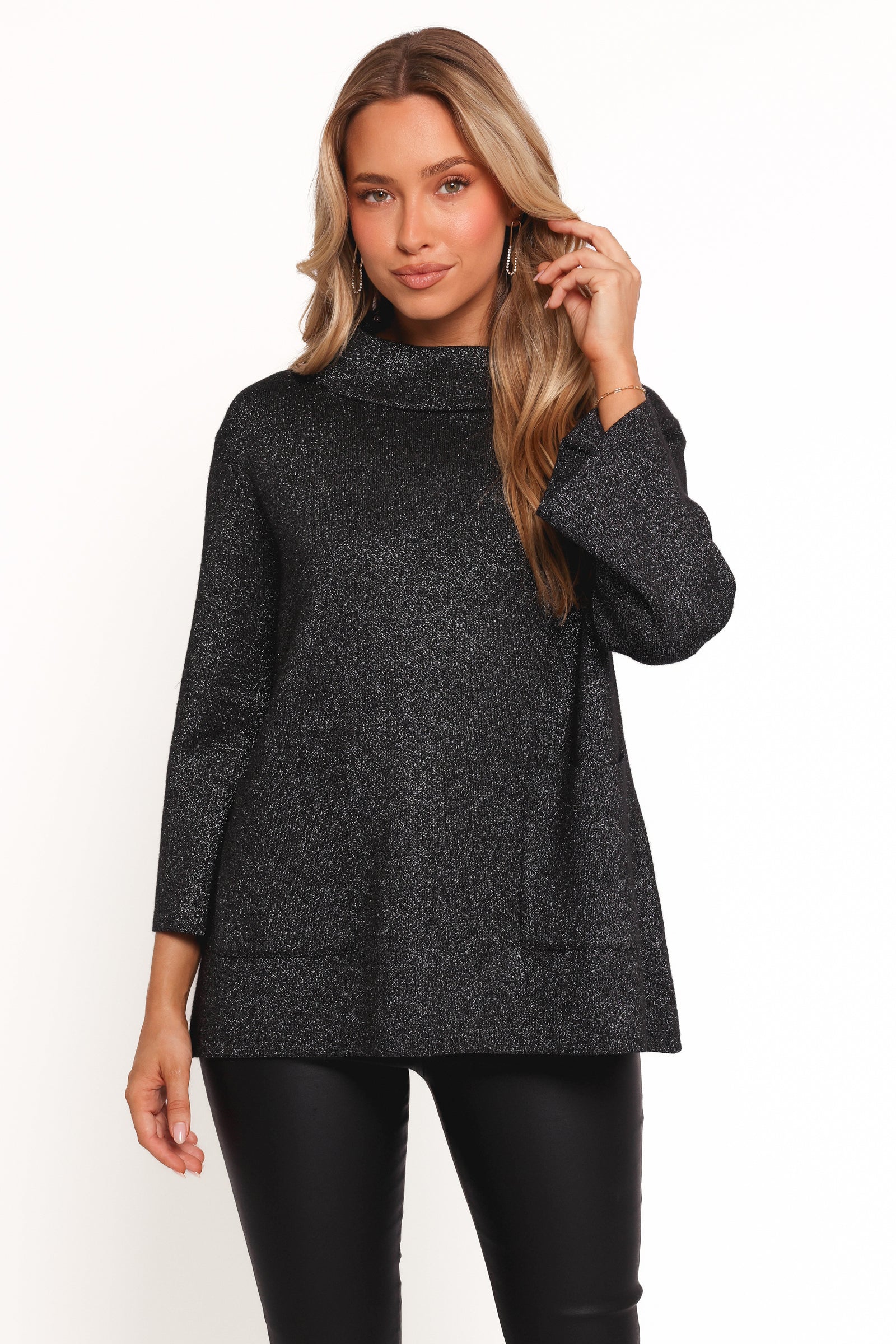 Black Lurex Shimmer Knit Sweater with Cowl Neck
