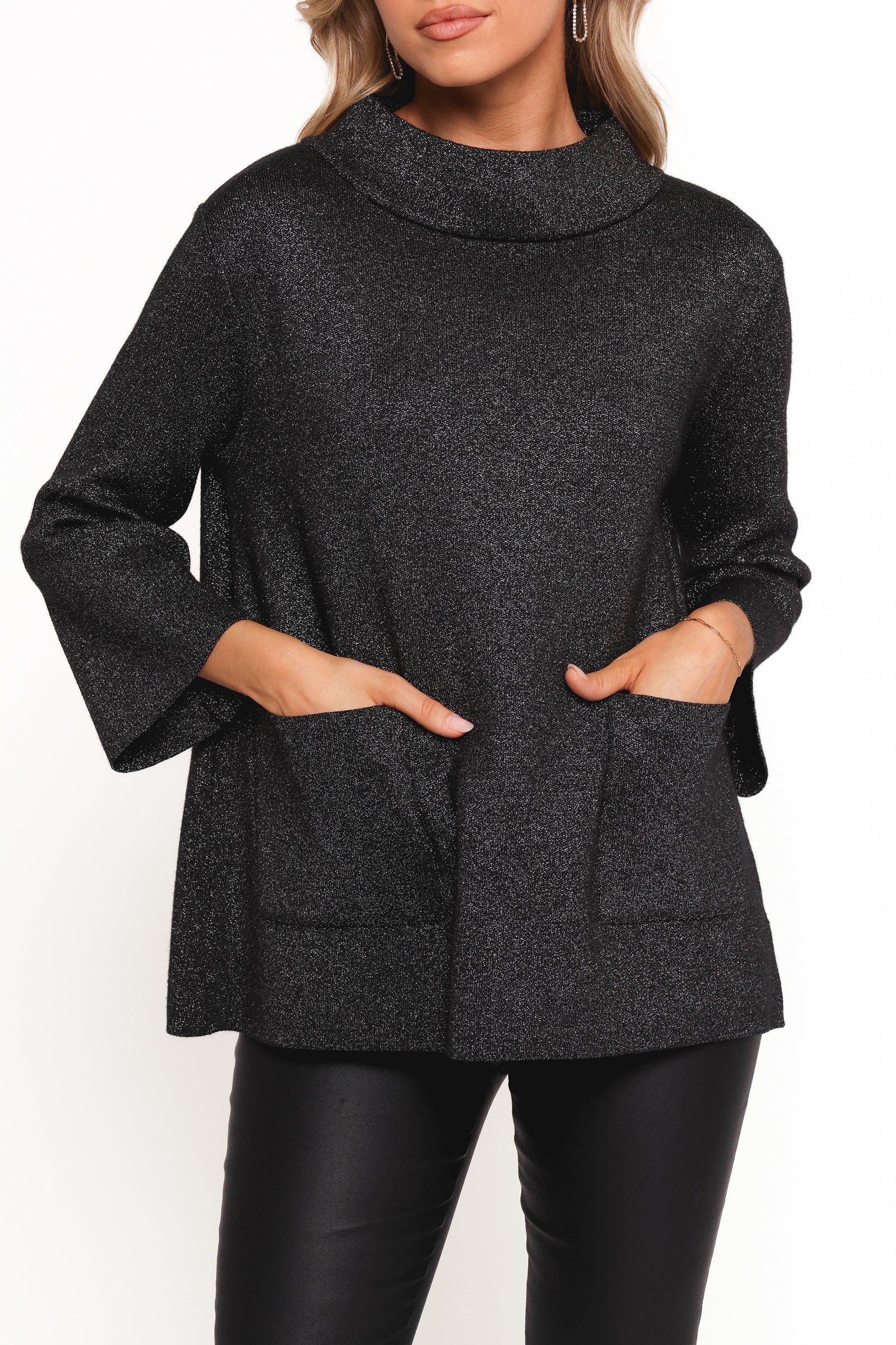 Black Lurex Shimmer Knit Sweater with Cowl Neck