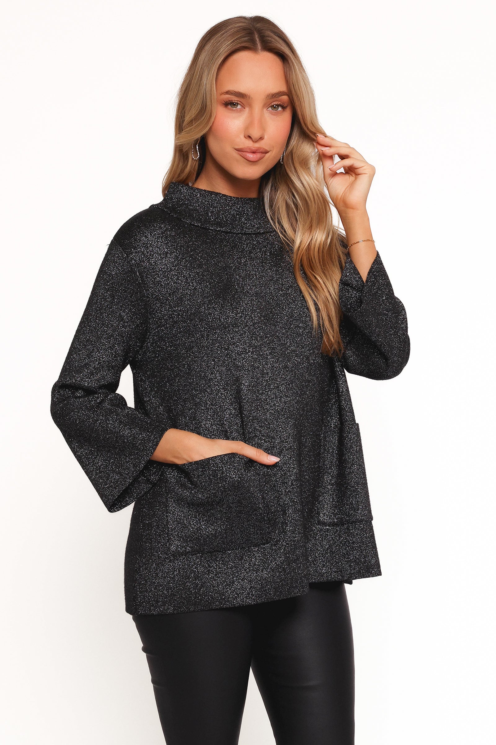 Black Lurex Shimmer Knit Sweater with Cowl Neck
