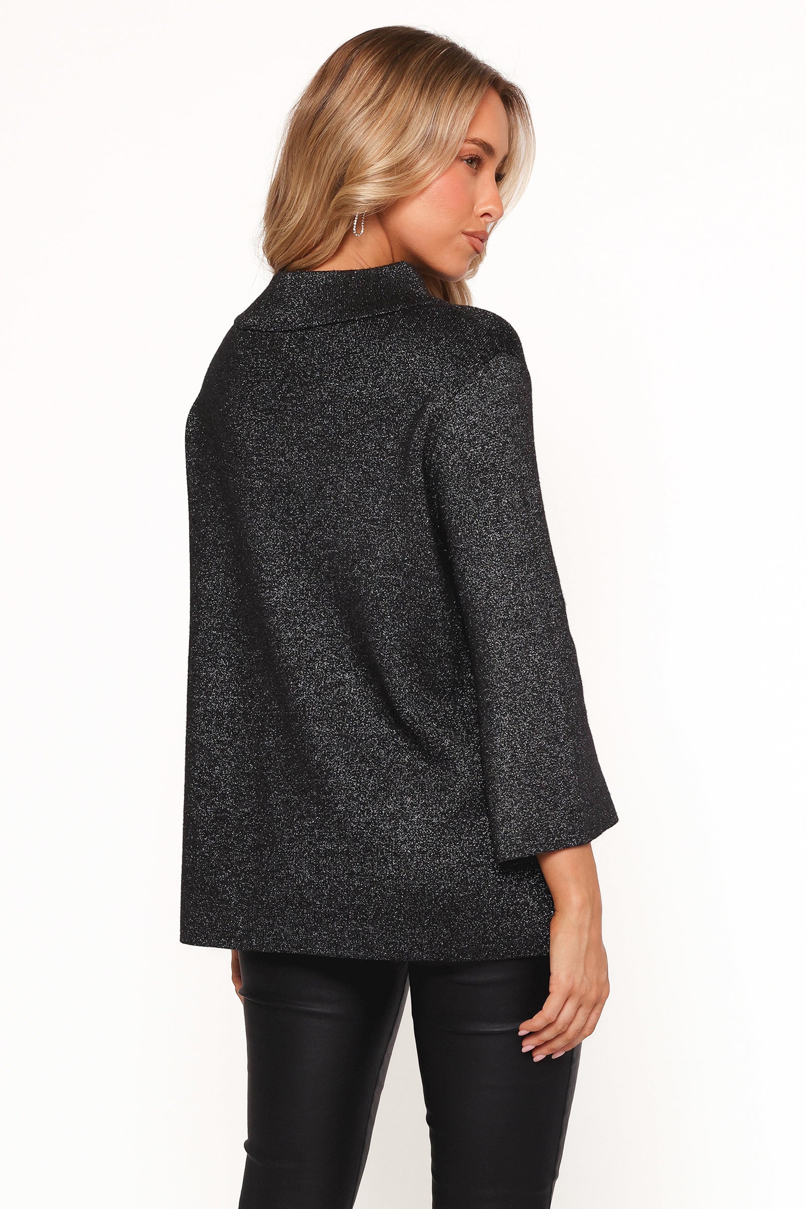 Black Lurex Shimmer Knit Sweater with Cowl Neck