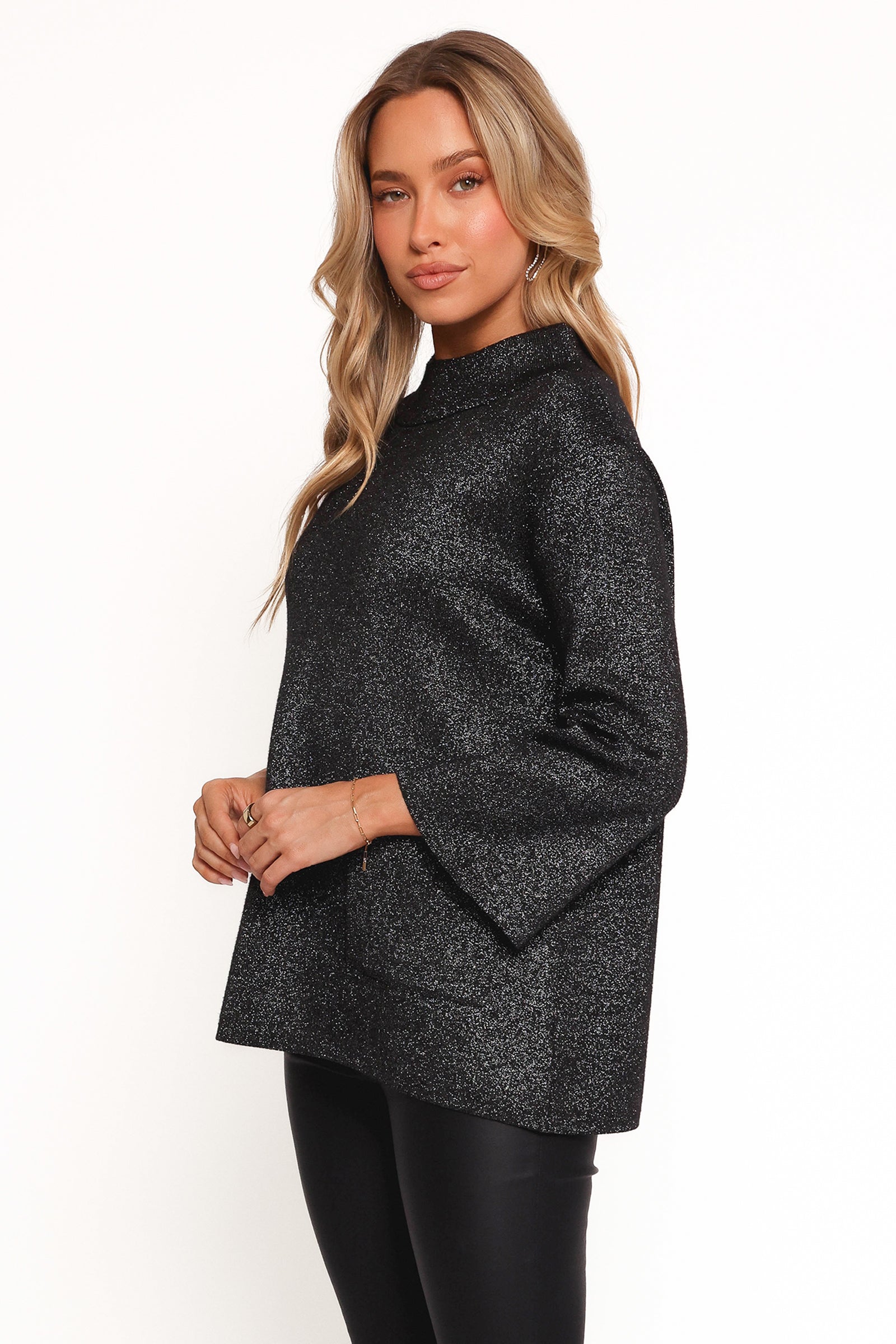 Black Lurex Shimmer Knit Sweater with Cowl Neck