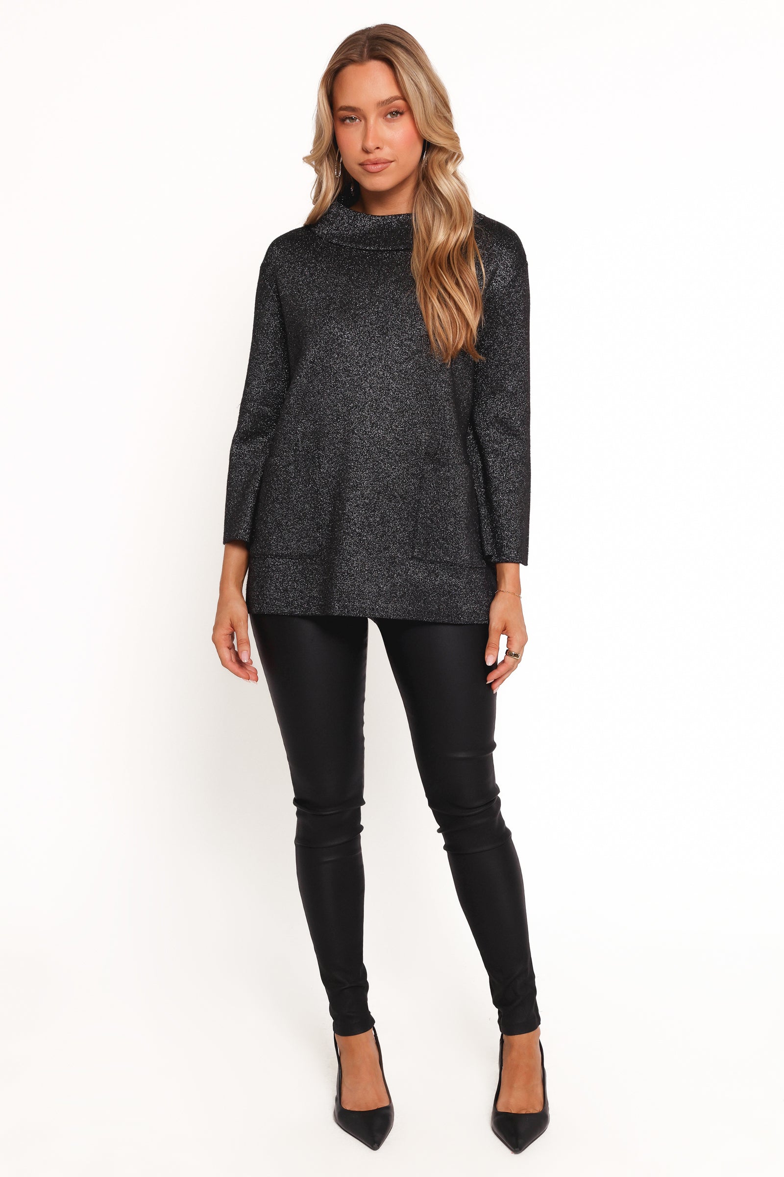 Black Lurex Shimmer Knit Sweater with Cowl Neck