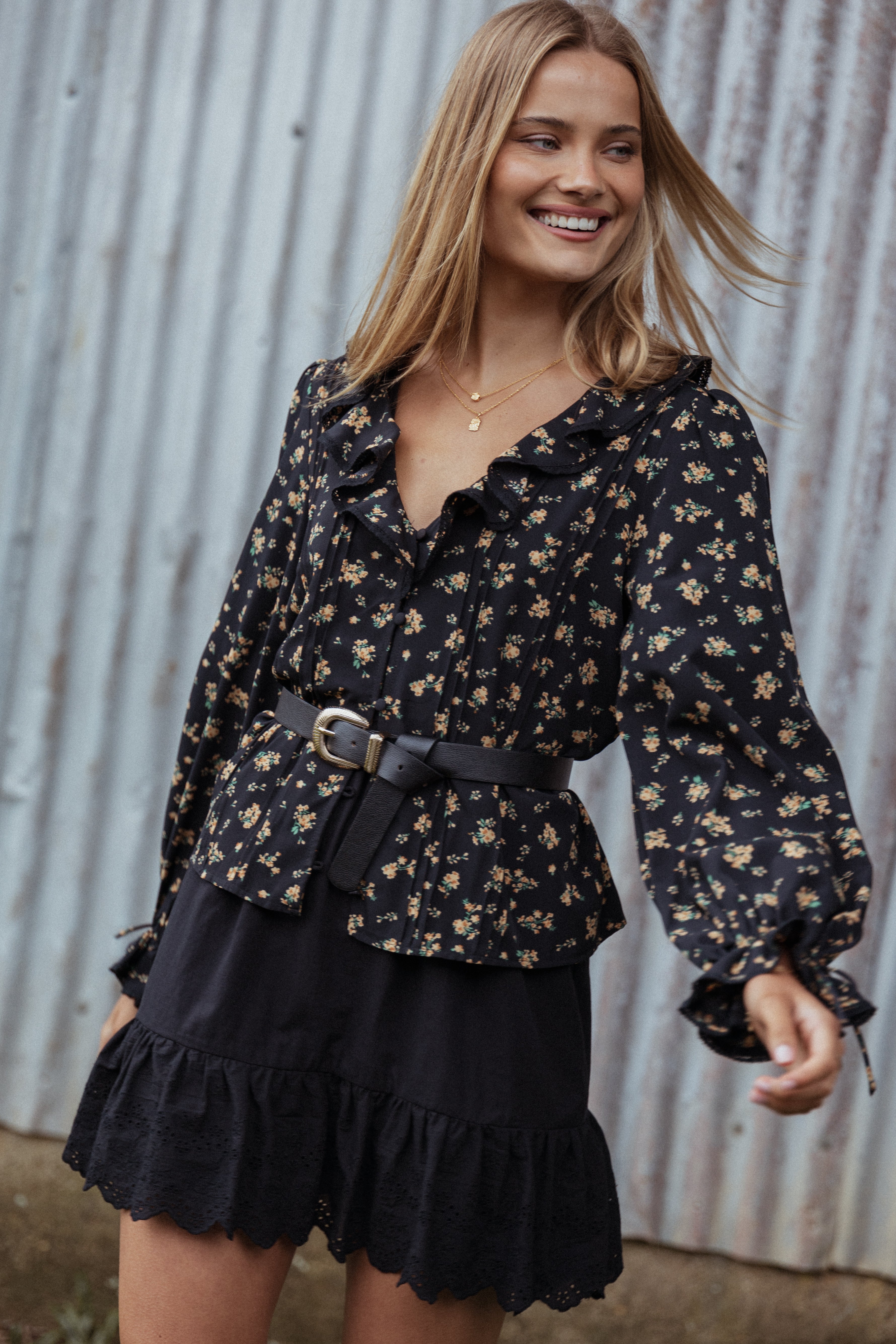 Black Floral Lace Trim V-Neck Top - Polli Women's Blouse