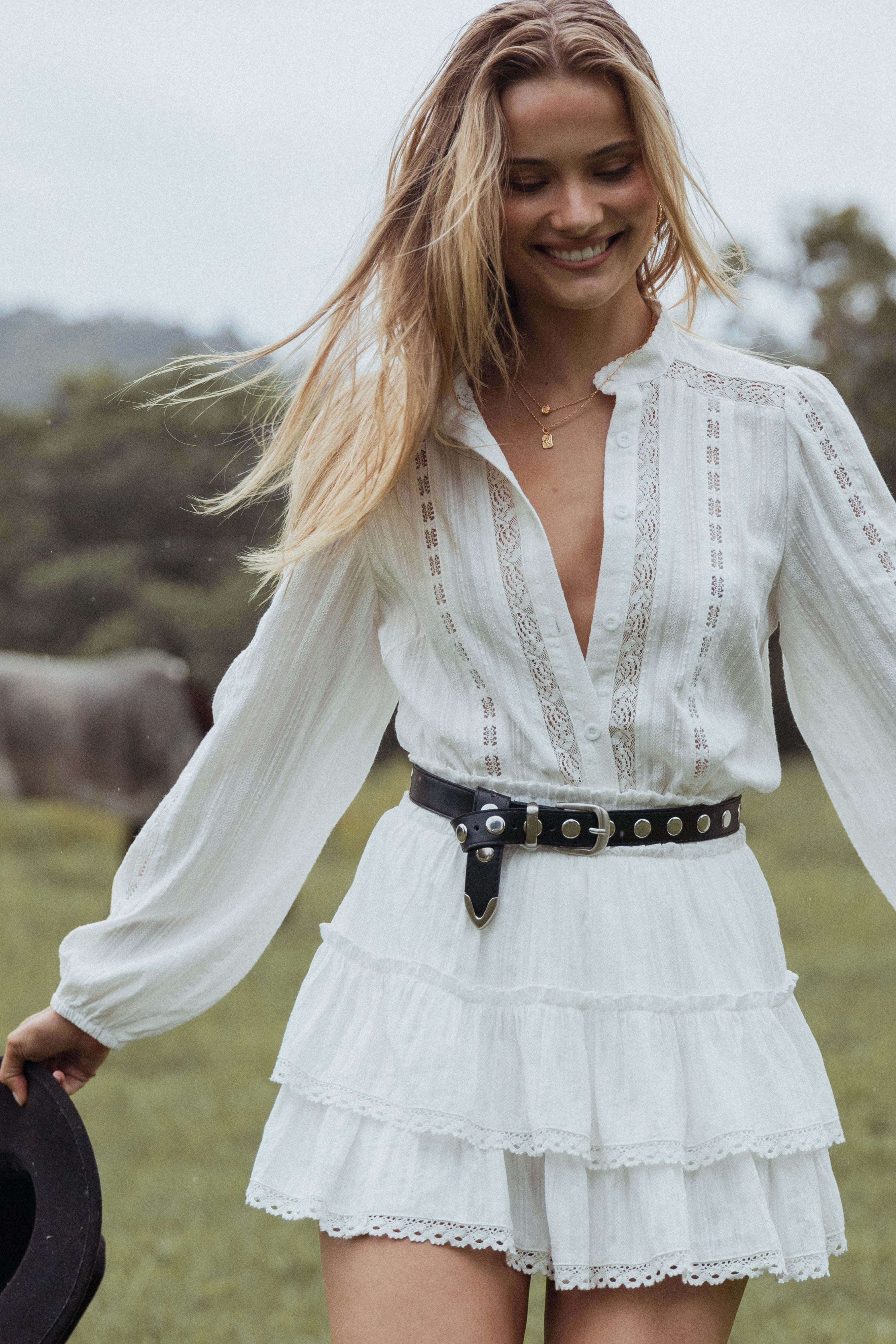 White Lace Detail Blouse - Nea High Collar Cotton Top