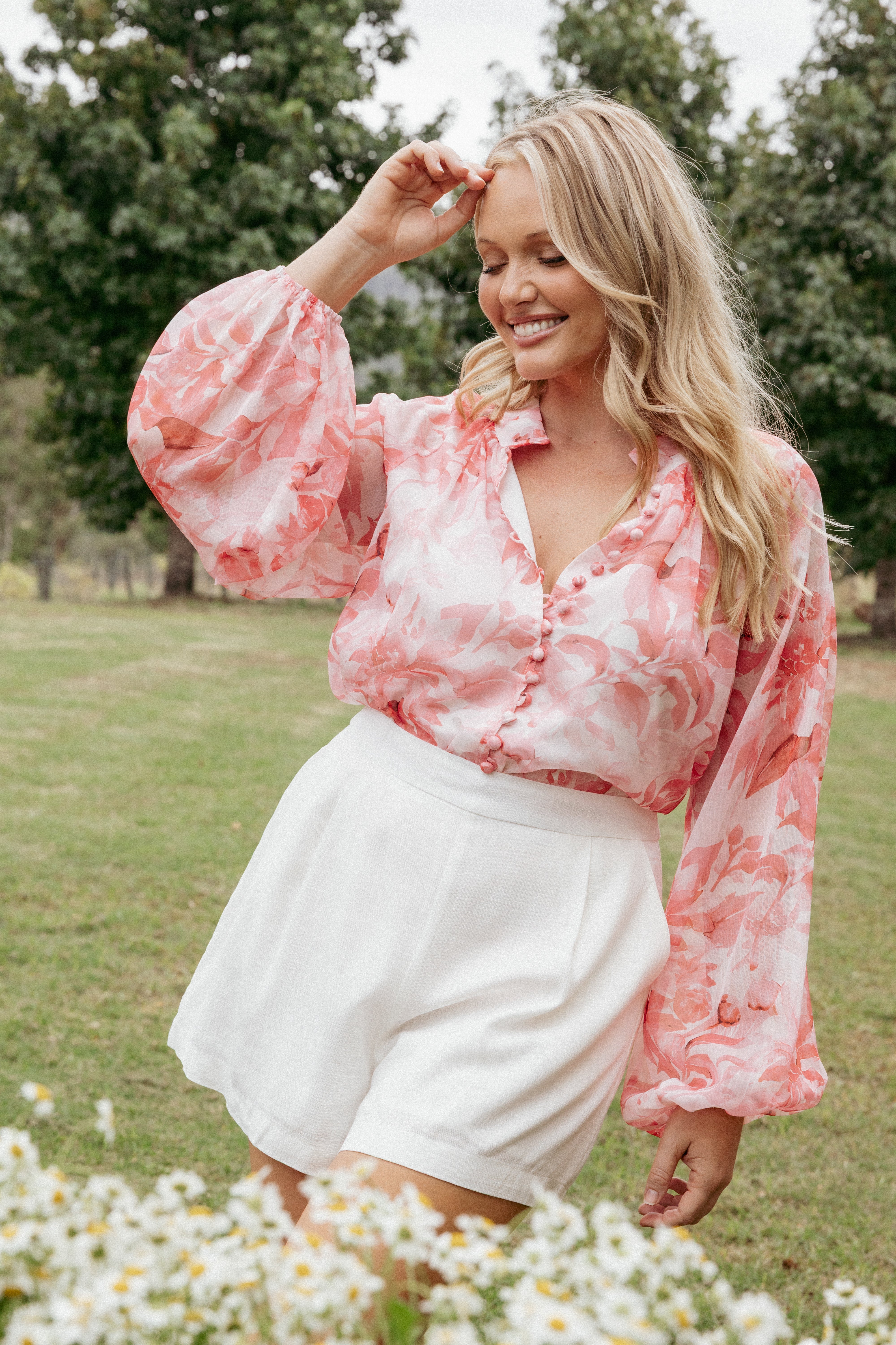 Marni Floral Print Blouse Top - Pink Long Sleeve Button Front