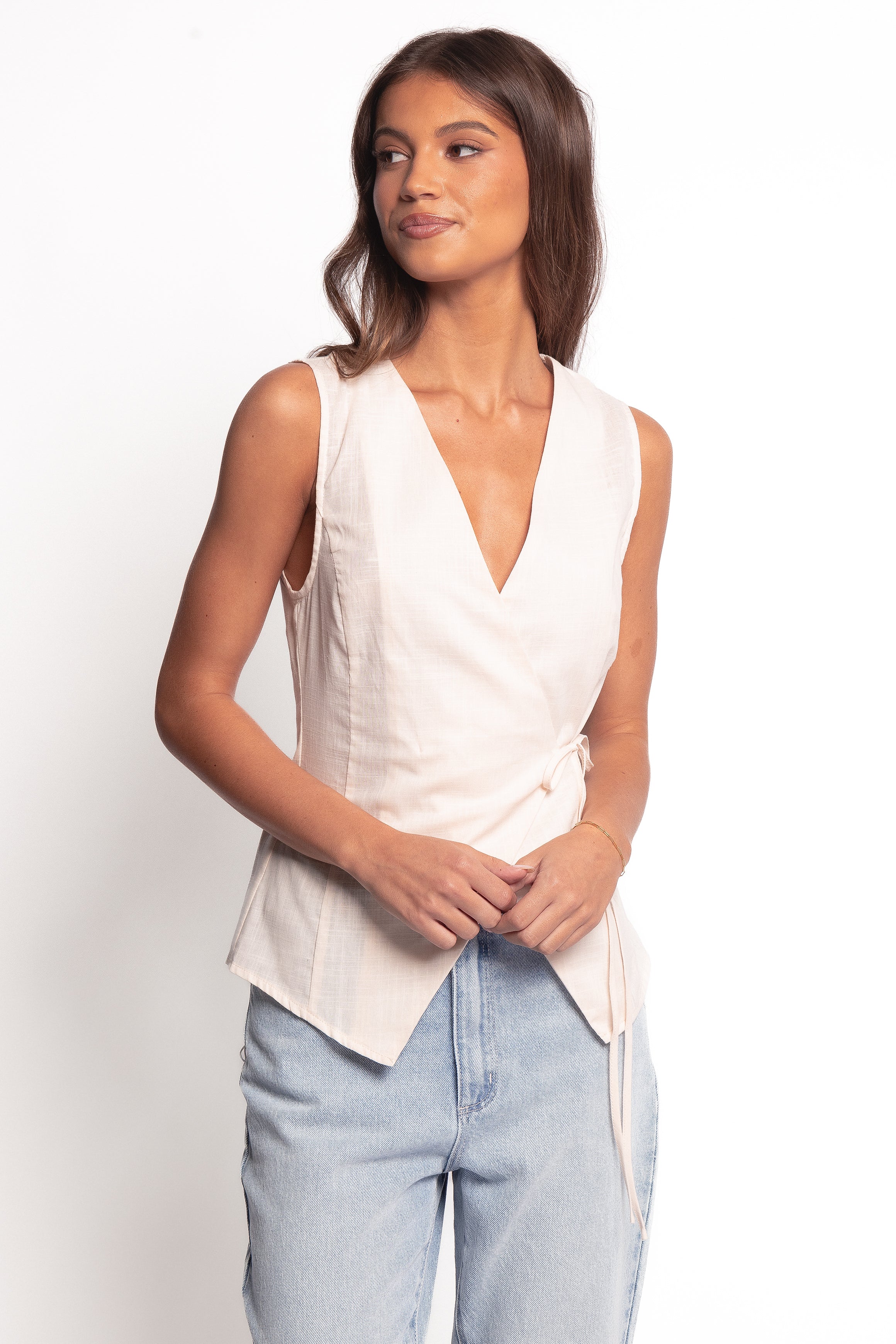 Vanni Linen Wrap Top - Sleeveless V-Neck Cotton Blouse Cream