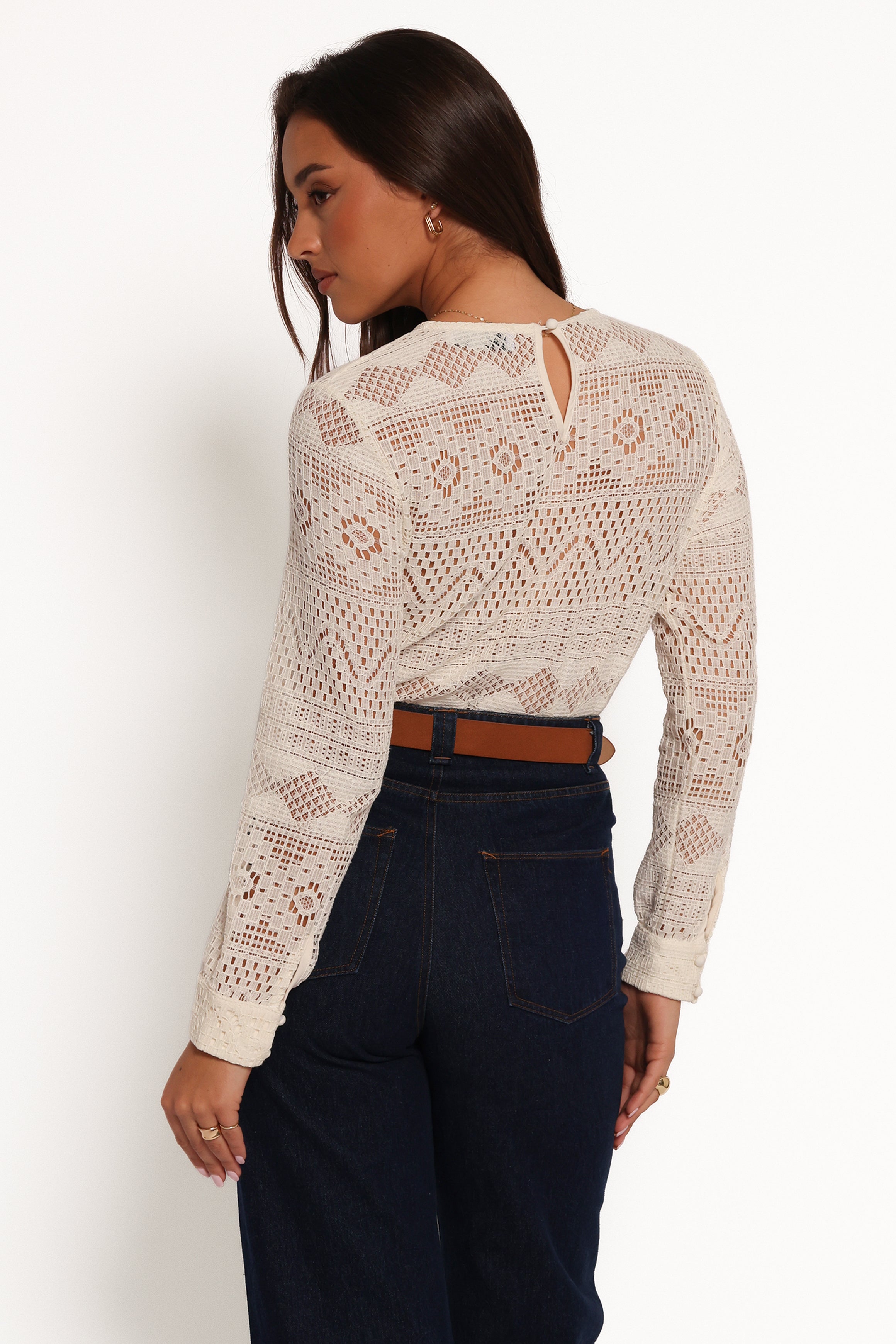 Maddot Crochet Long Sleeve Top - Cream Button Cuff Blouse