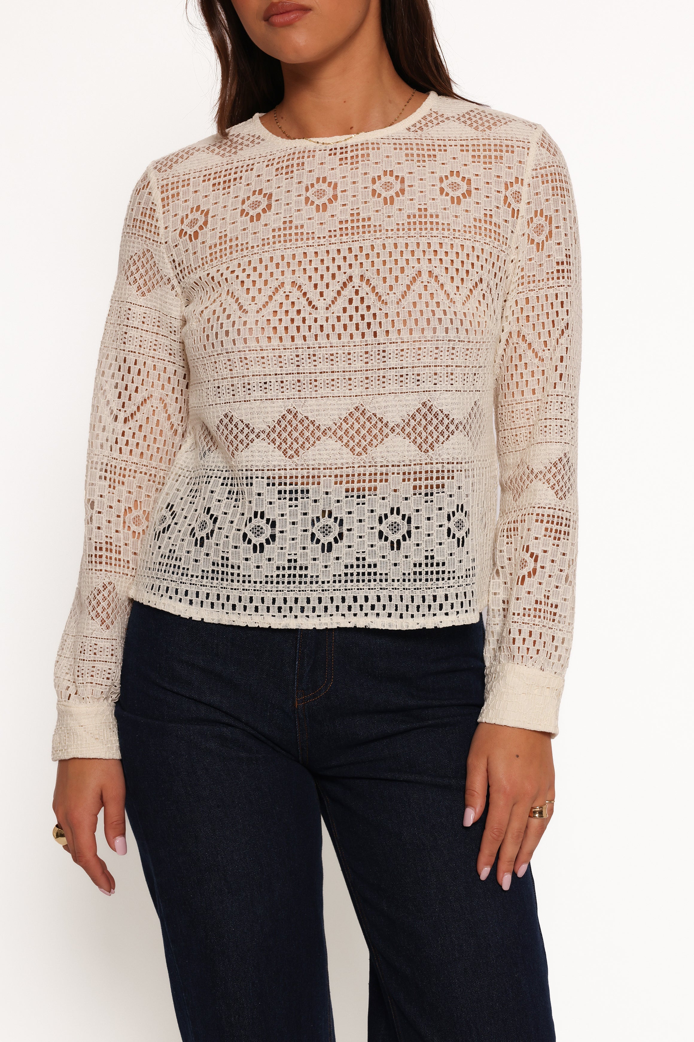 Maddot Crochet Long Sleeve Top - Cream Button Cuff Blouse