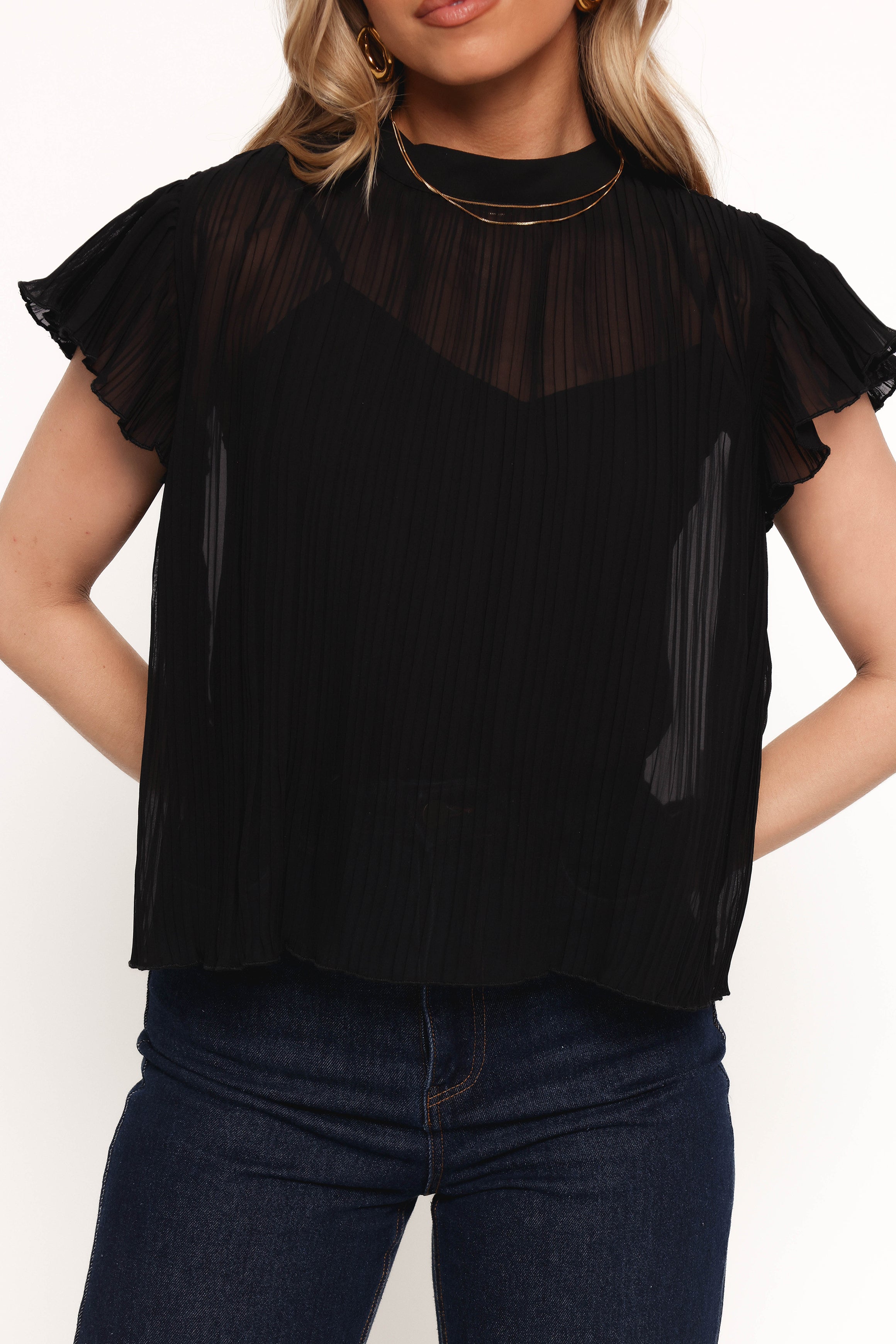 Black Pleated Flutter Sleeve Top with Optional Camisole - Topia