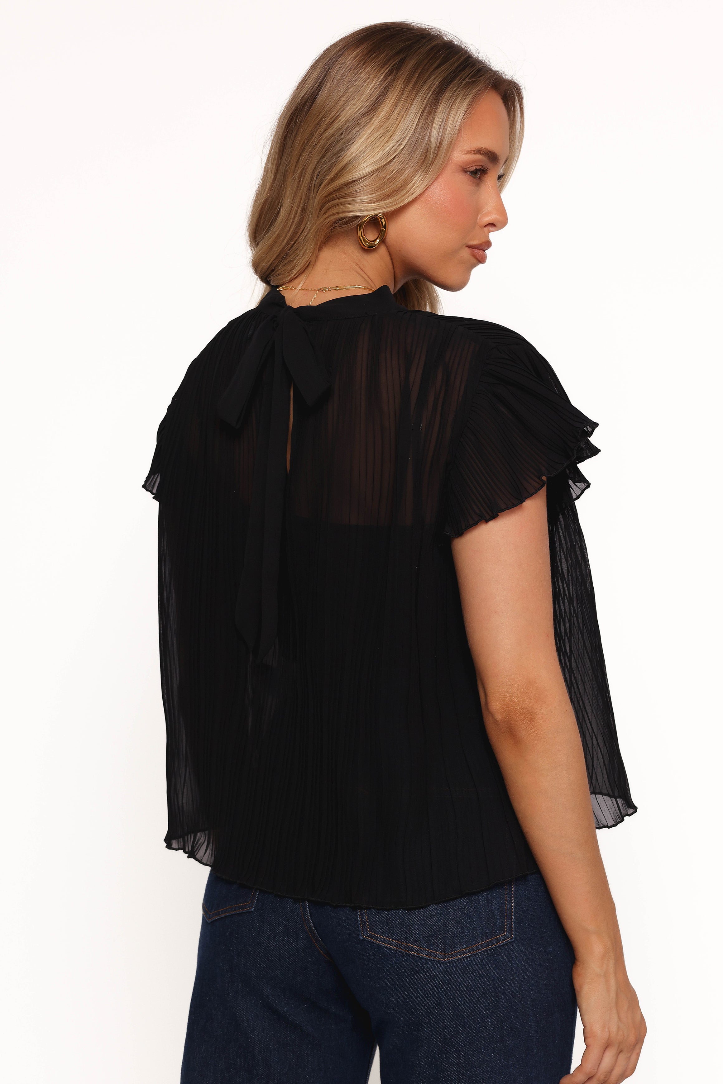 Black Pleated Flutter Sleeve Top with Optional Camisole - Topia