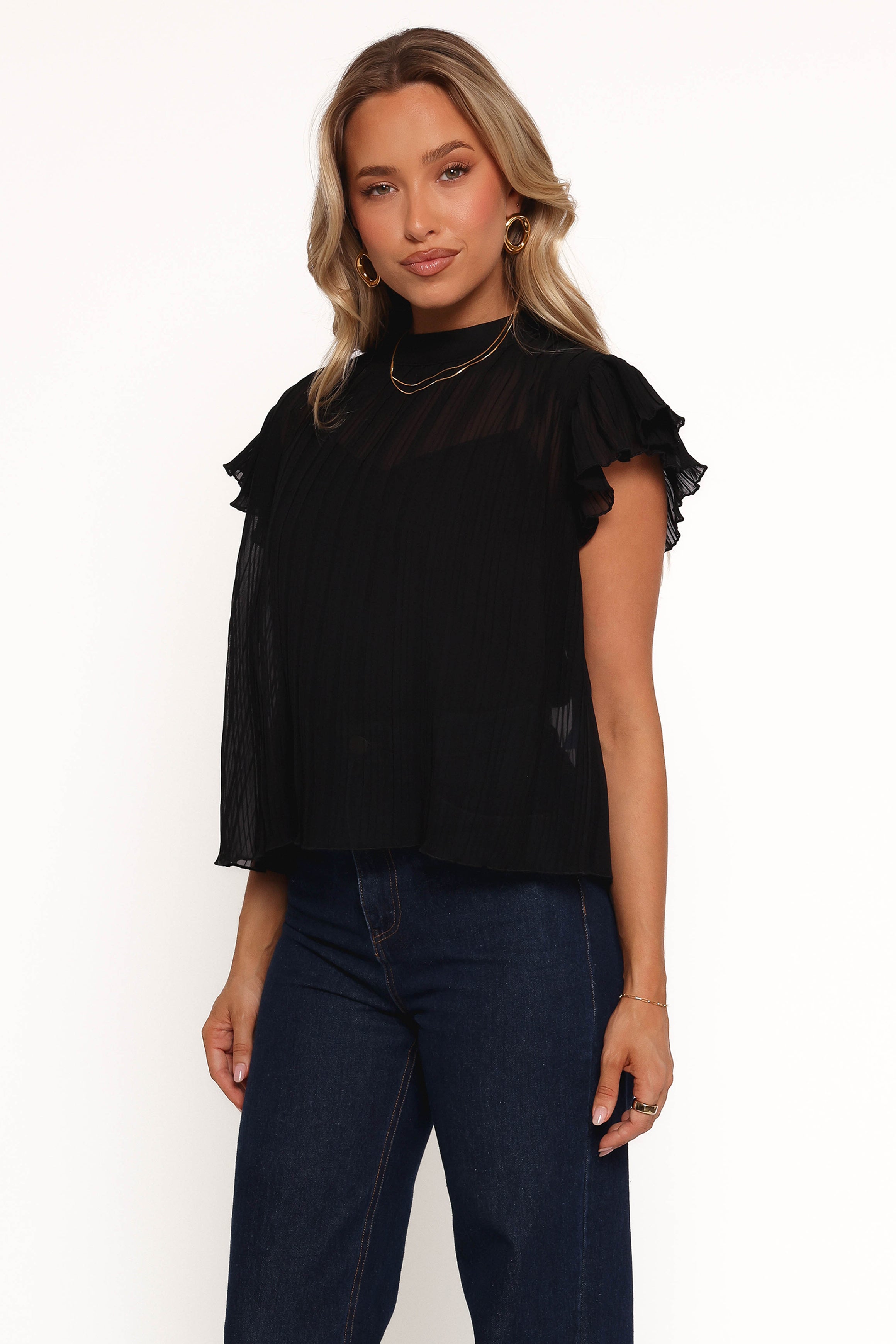 Black Pleated Flutter Sleeve Top with Optional Camisole - Topia