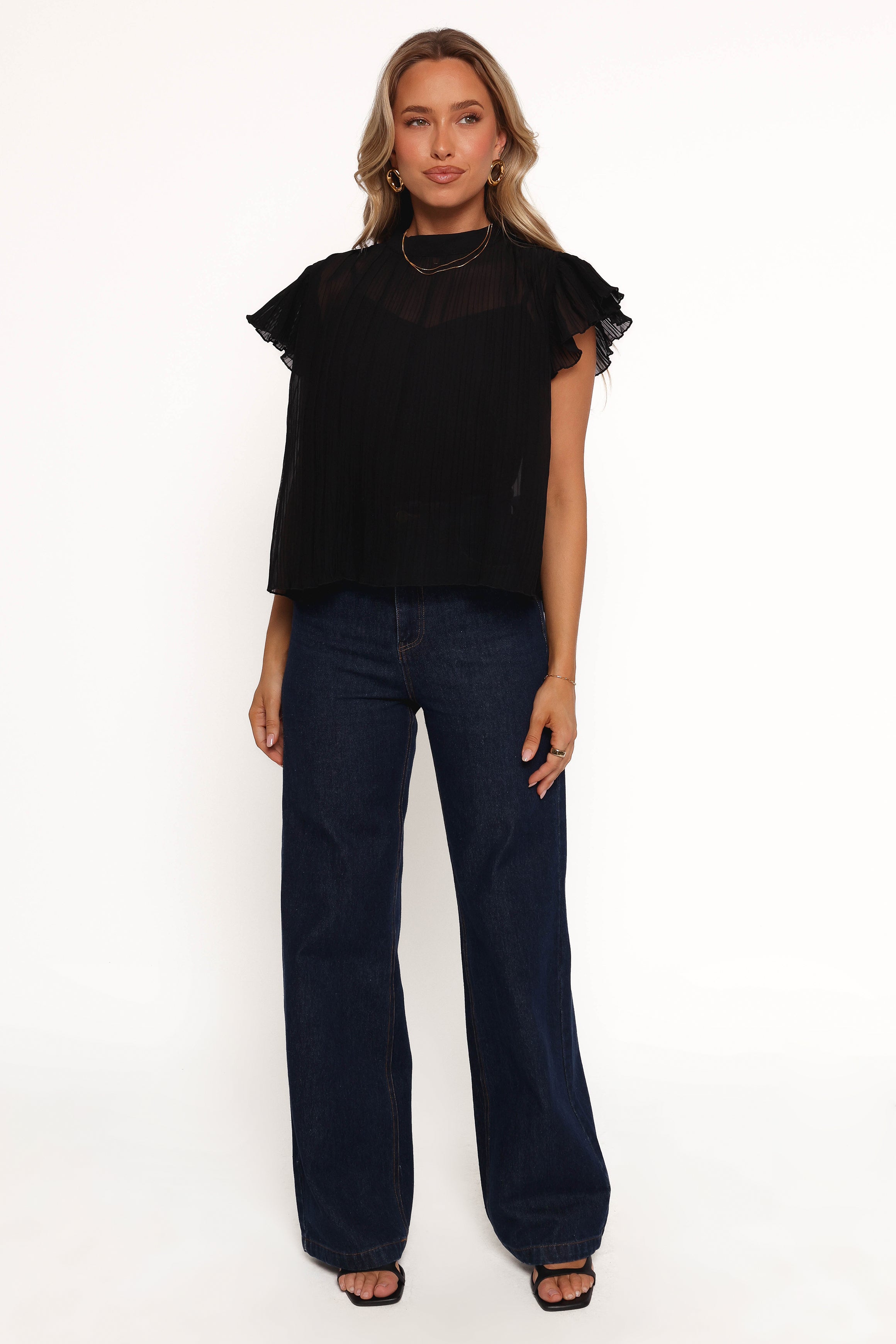 Black Pleated Flutter Sleeve Top with Optional Camisole - Topia
