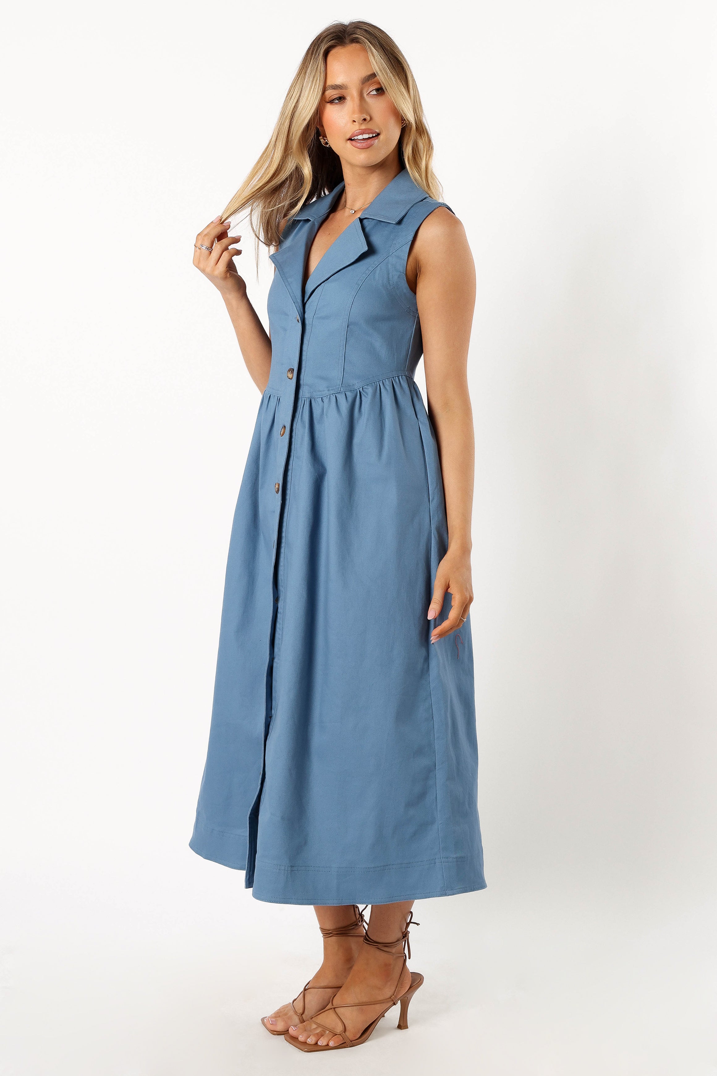 Steel Blue Cotton Midi Dress with Pockets & Elastic Waist