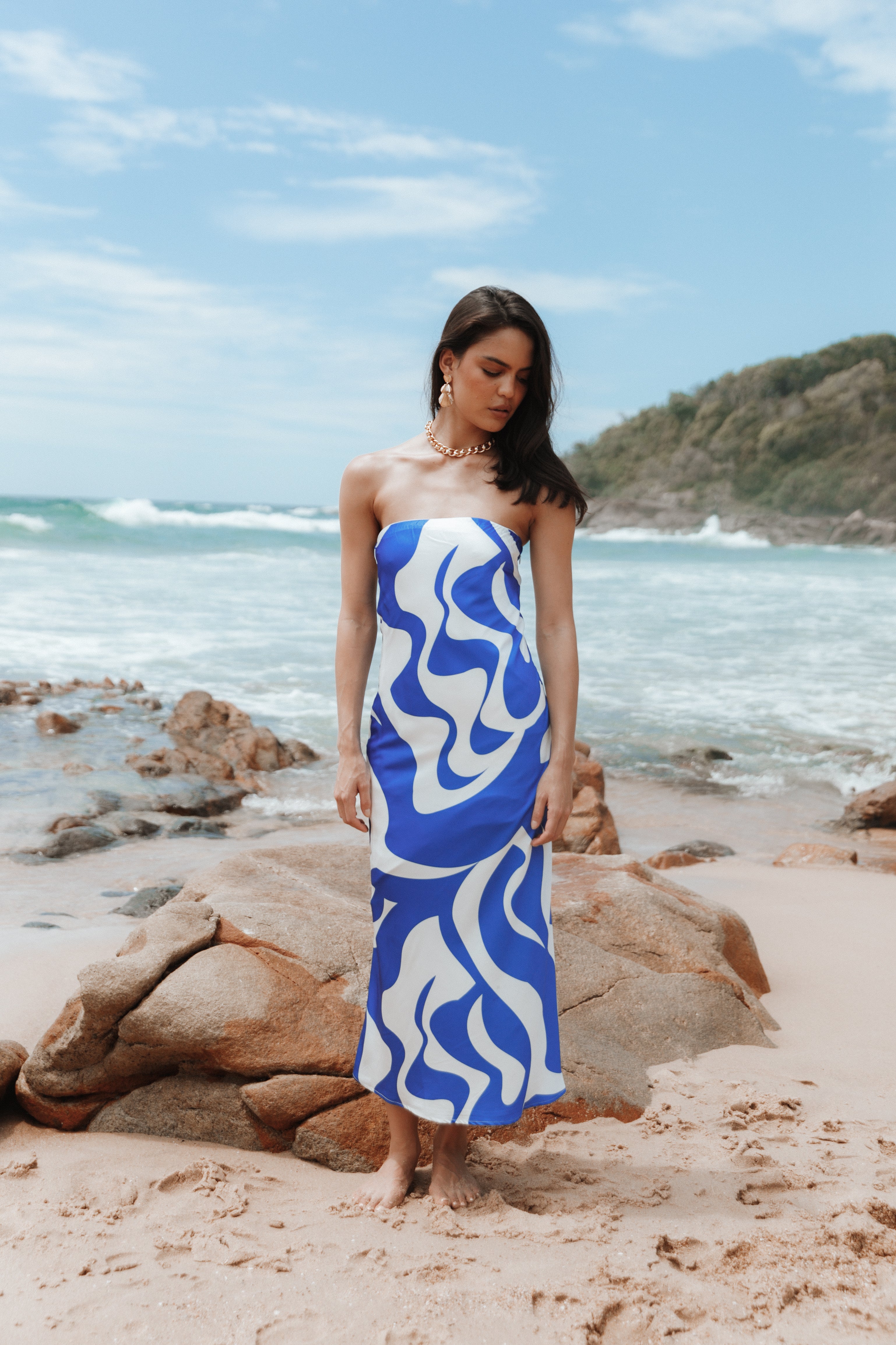 Blue Swirl Strapless Midi Dress - Satin Sheen Party Gown
