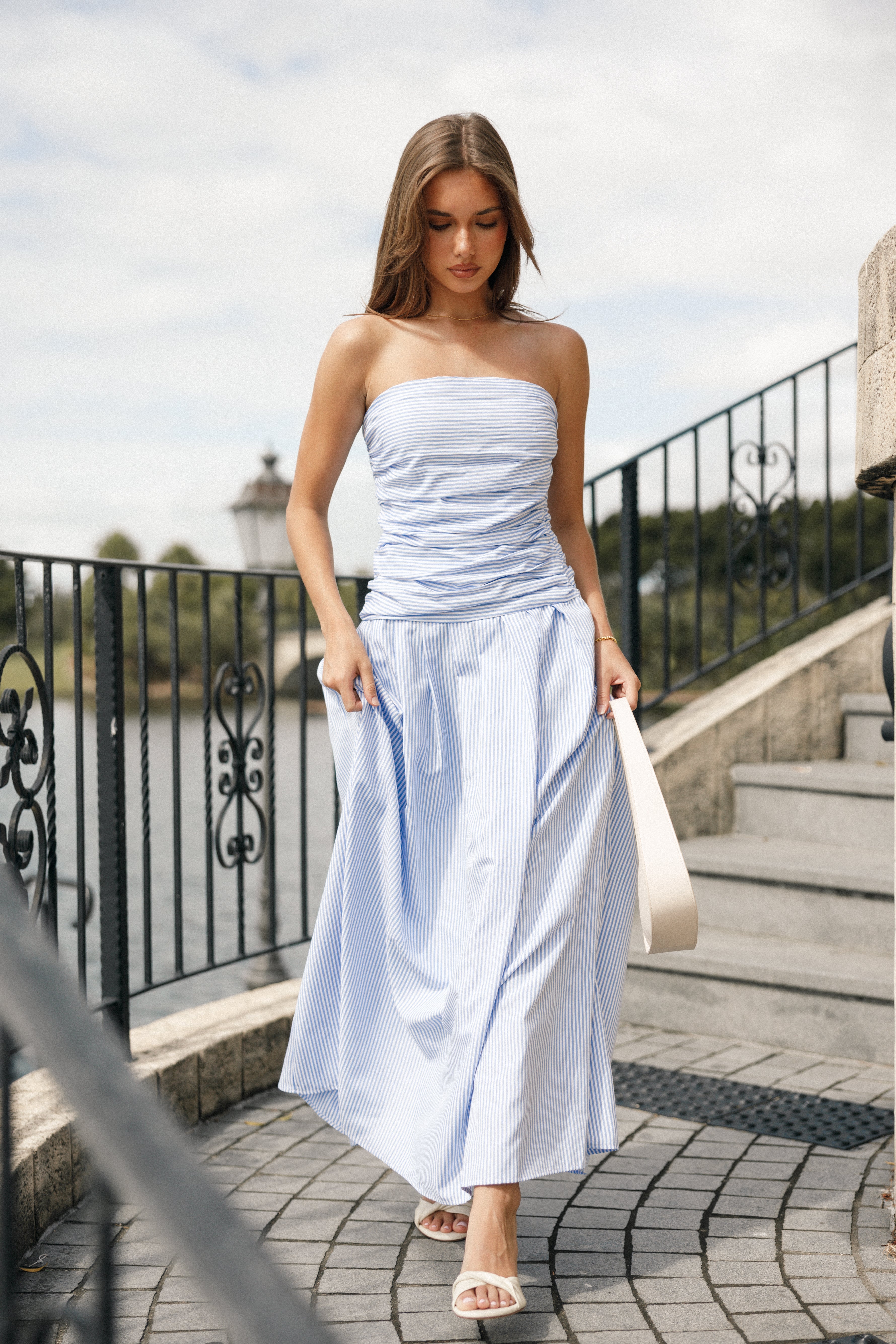 Strapless Maxi Dress with Side Ruching - Blue Stripe