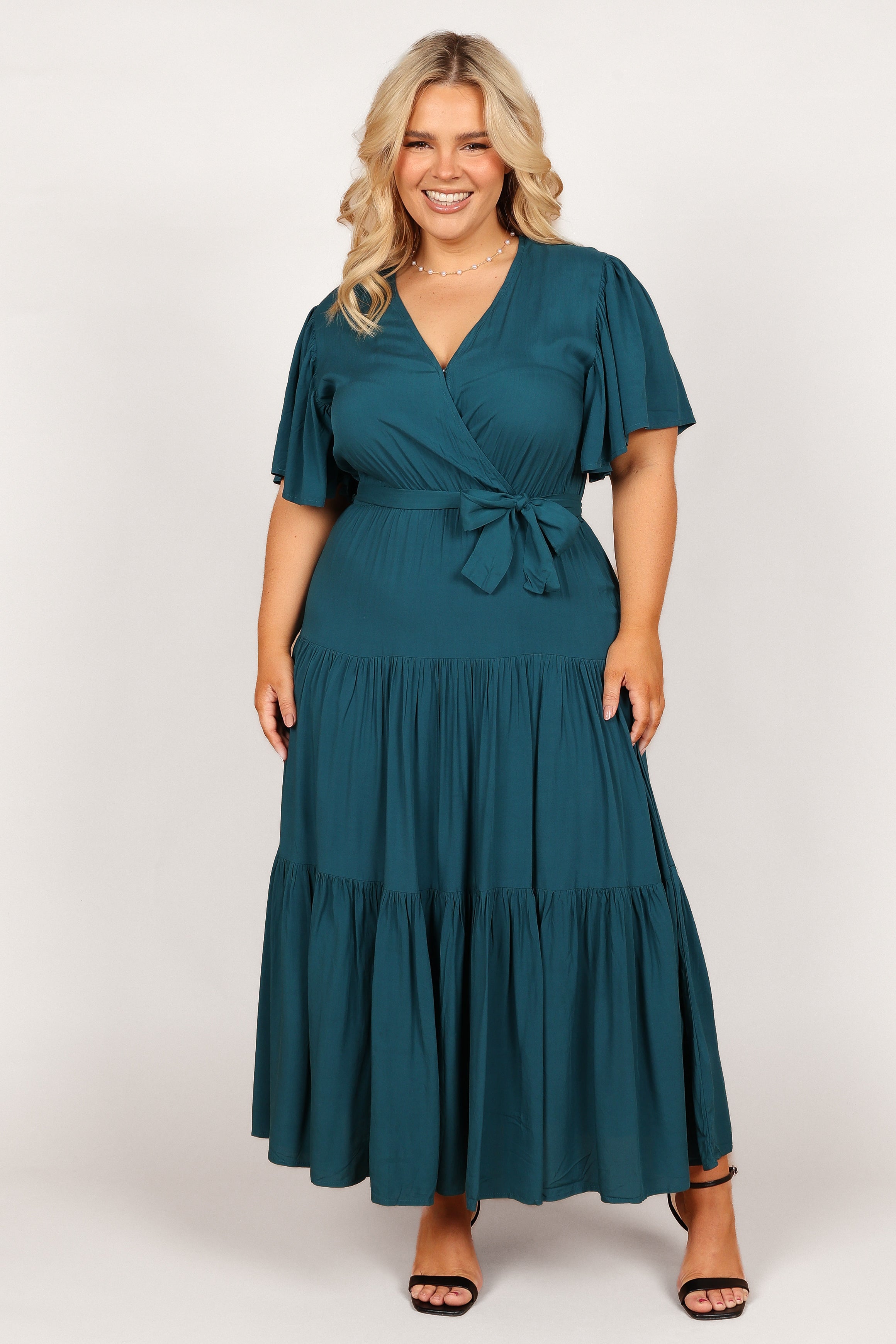 Teal Barker Midi Dress with V-Neck & Ruffle Sleeves