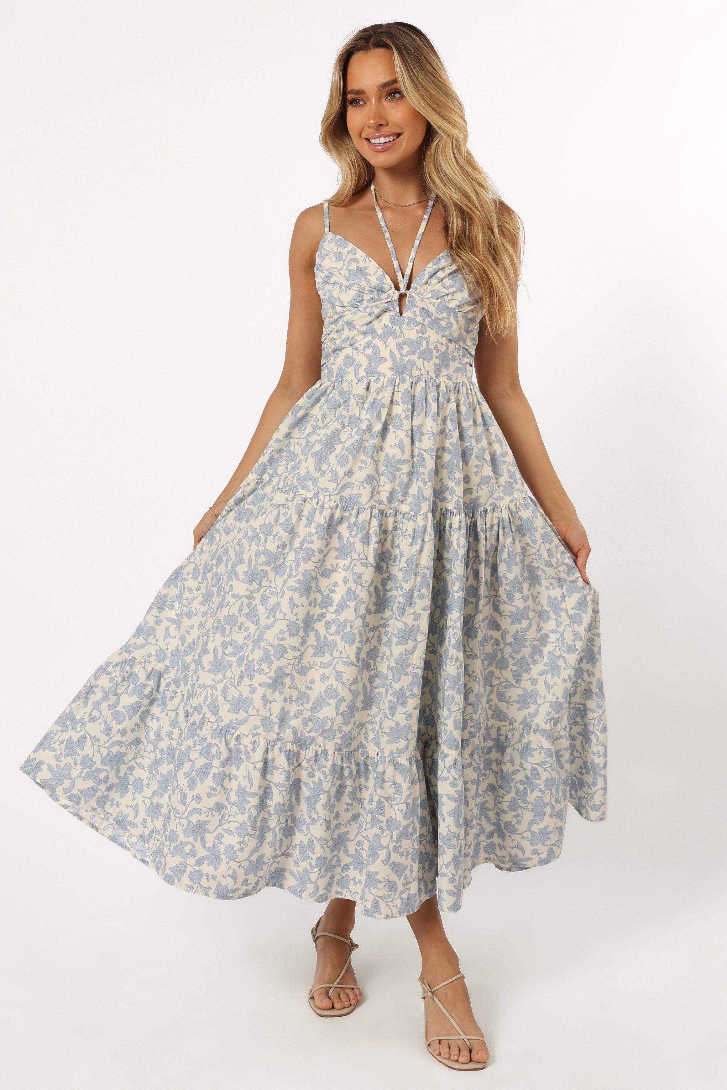 Floral V-Neck Midi Dress with Adjustable Straps - Blue