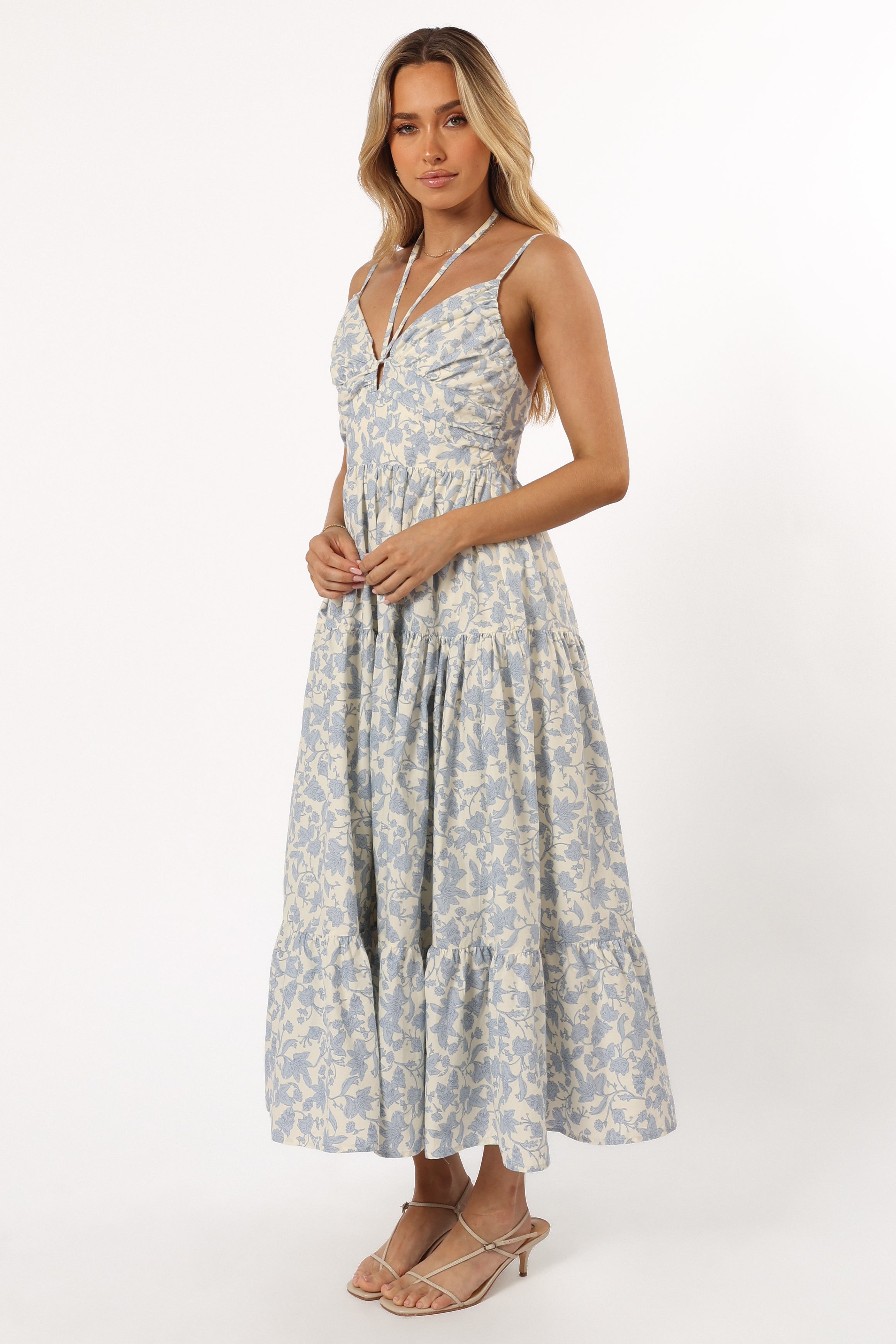 Floral V-Neck Midi Dress with Adjustable Straps - Blue