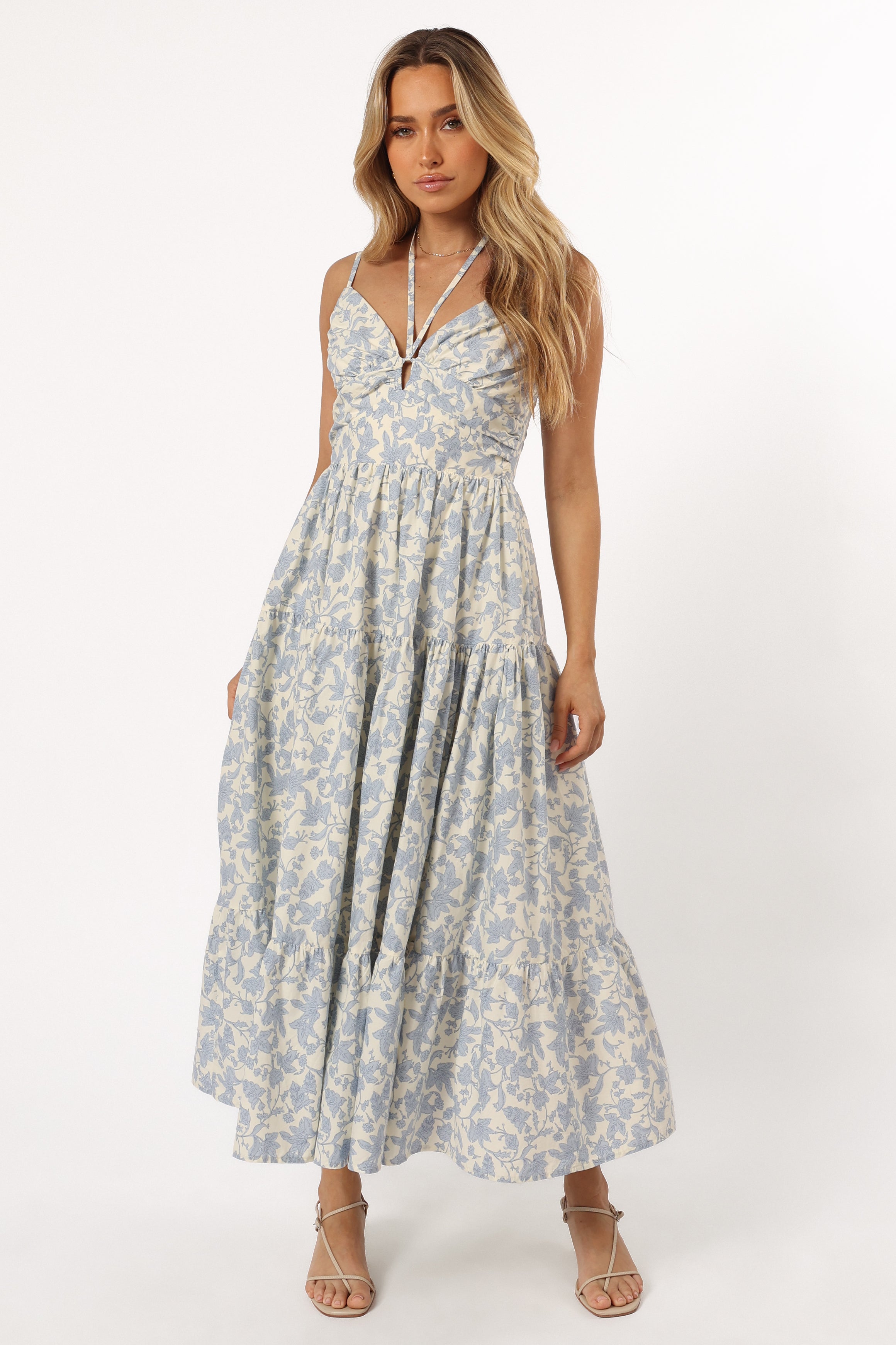 Floral V-Neck Midi Dress with Adjustable Straps - Blue