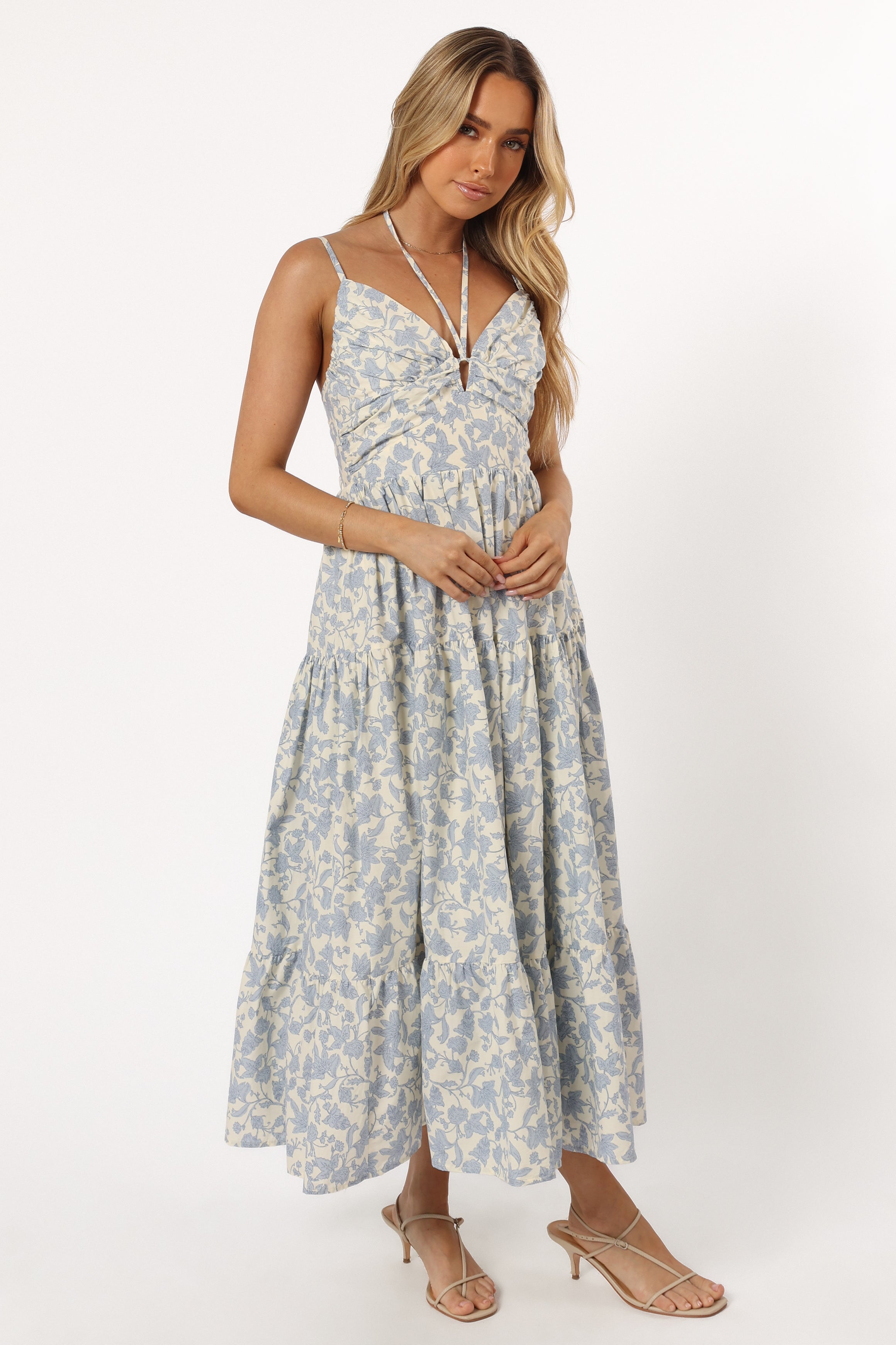 Floral V-Neck Midi Dress with Adjustable Straps - Blue