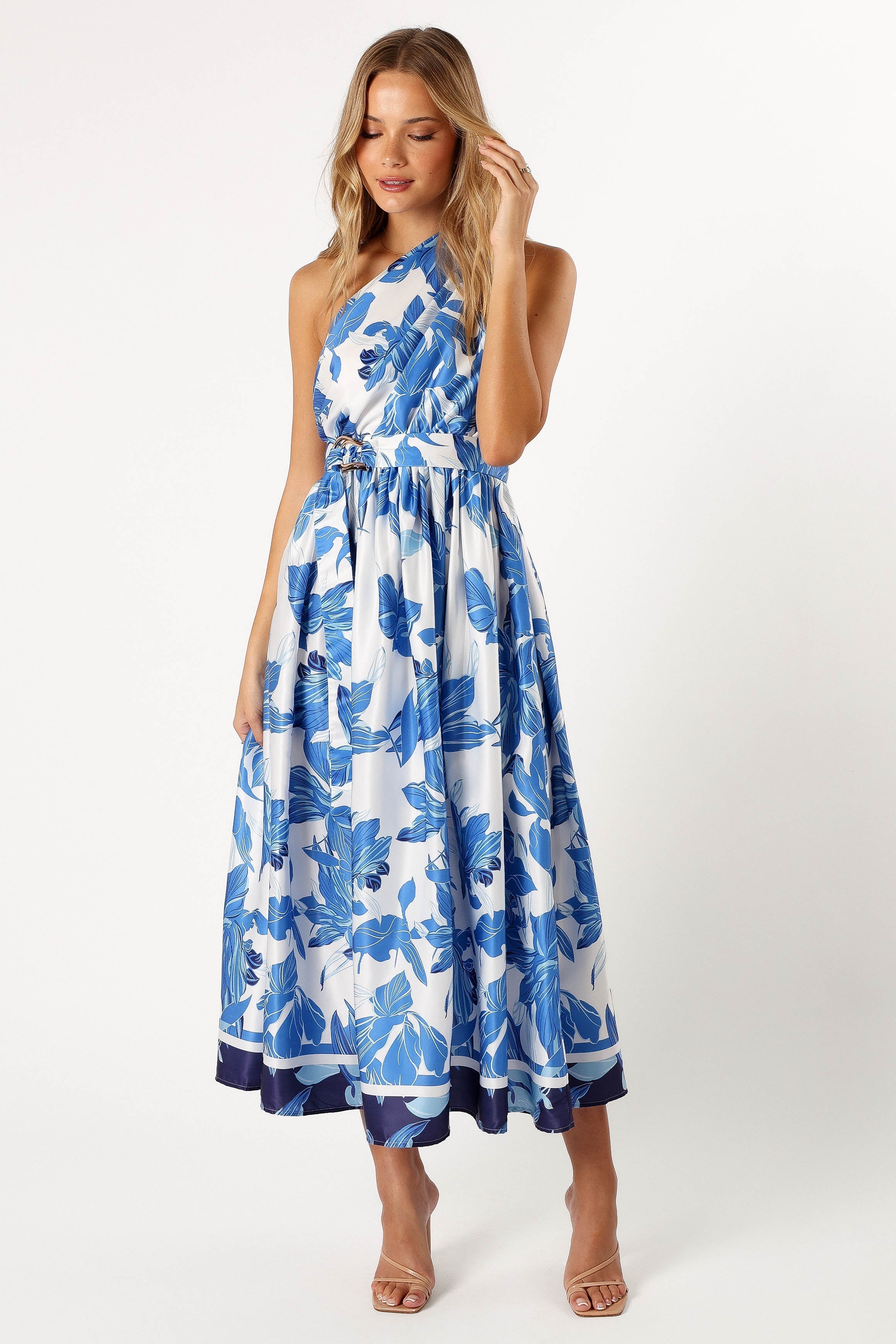 Blue Floral One Shoulder Midi Dress - Elastic Waist & Detachable Belt