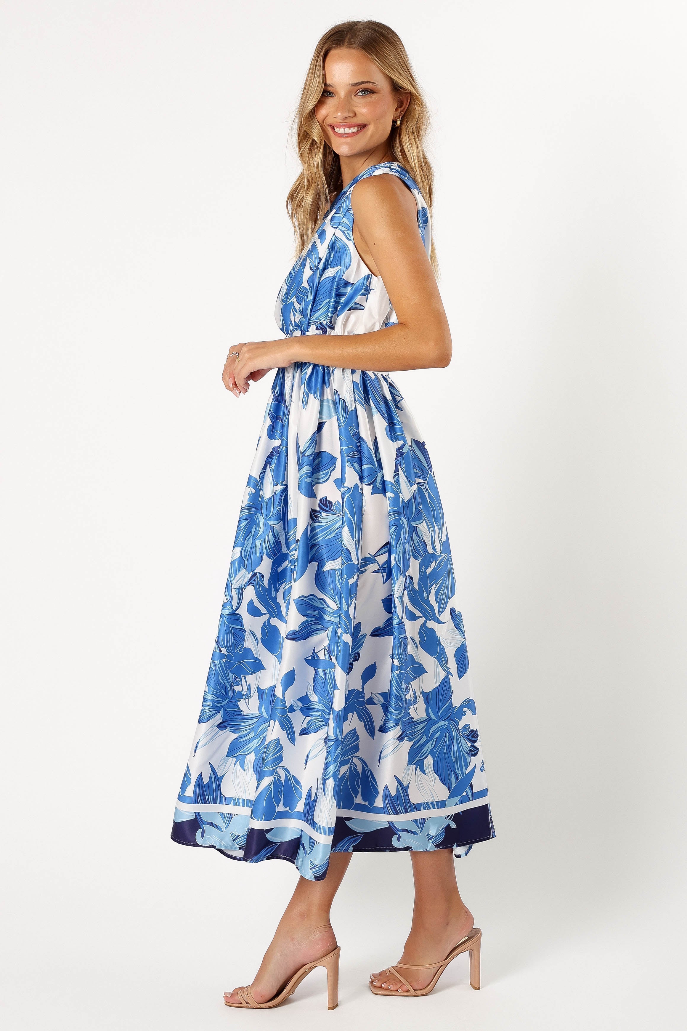 Blue Floral One Shoulder Midi Dress - Elastic Waist & Detachable Belt