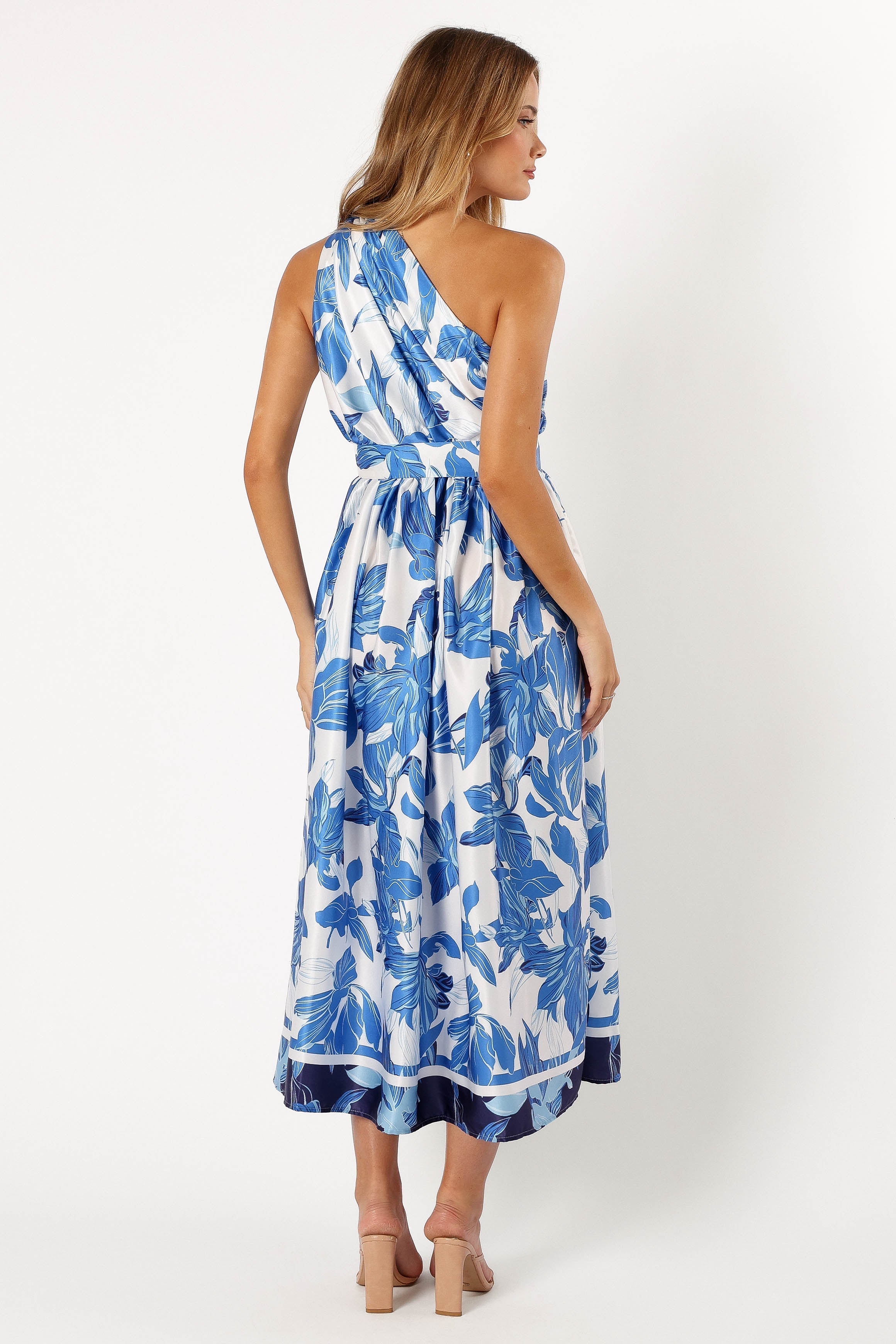 Blue Floral One Shoulder Midi Dress - Elastic Waist & Detachable Belt