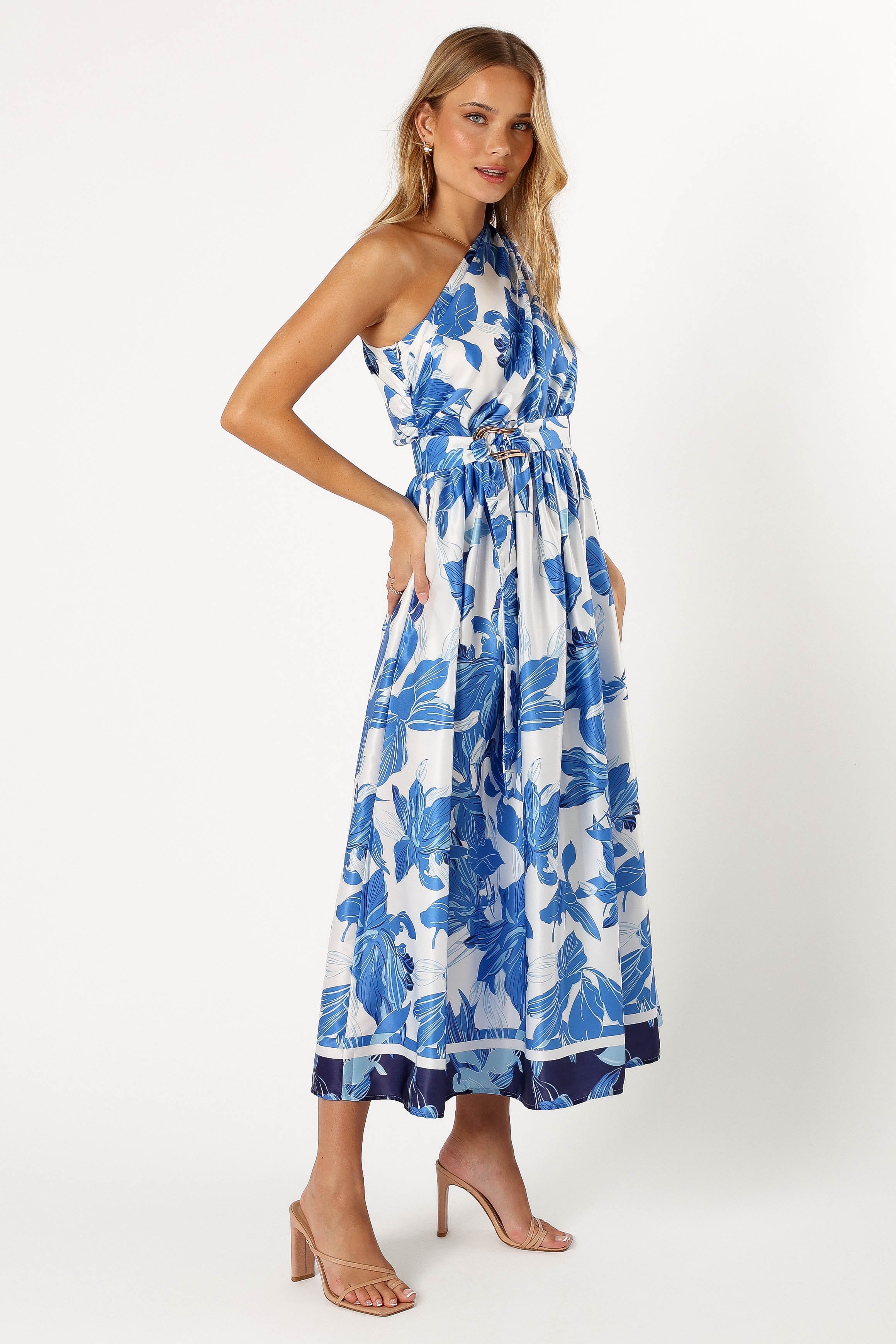 Blue Floral One Shoulder Midi Dress - Elastic Waist & Detachable Belt