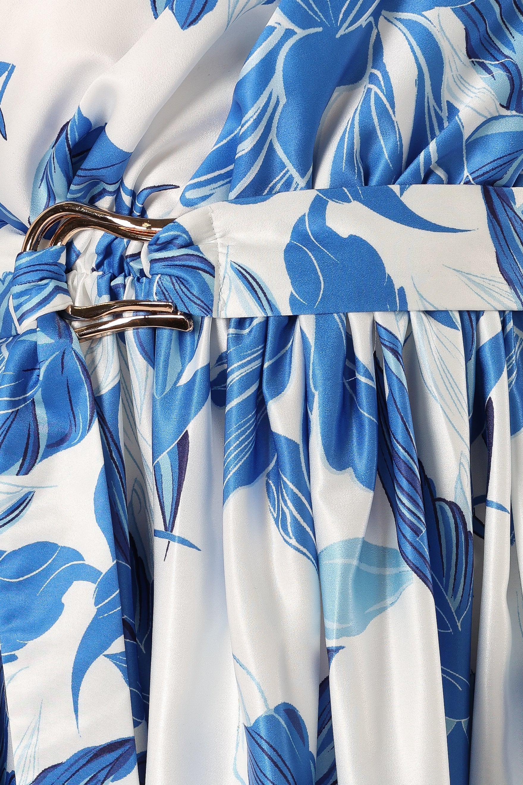 Blue Floral One Shoulder Midi Dress - Elastic Waist & Detachable Belt