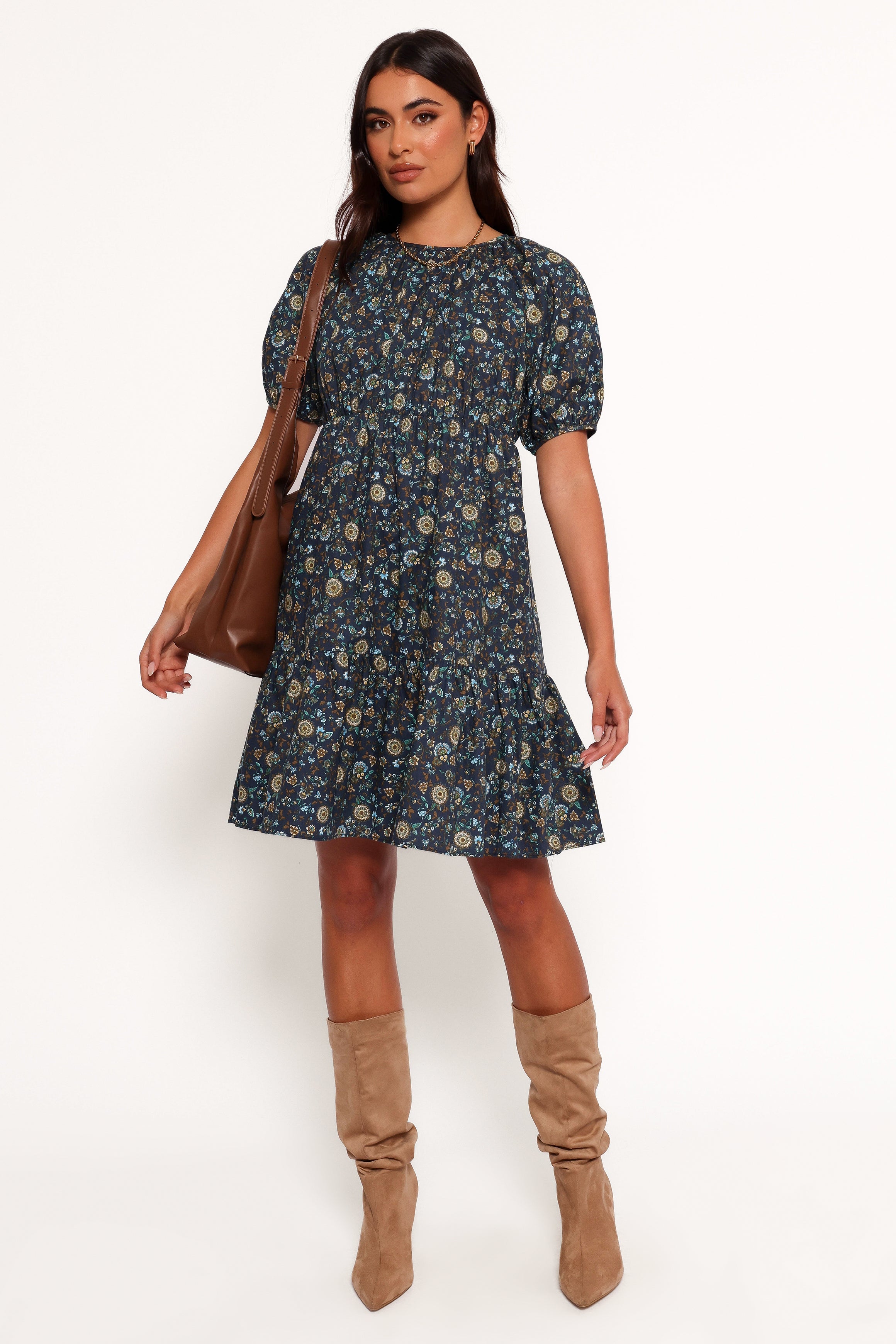 Blue Floral Midi Dress with Elastic Waist & Open Back - Tasmin