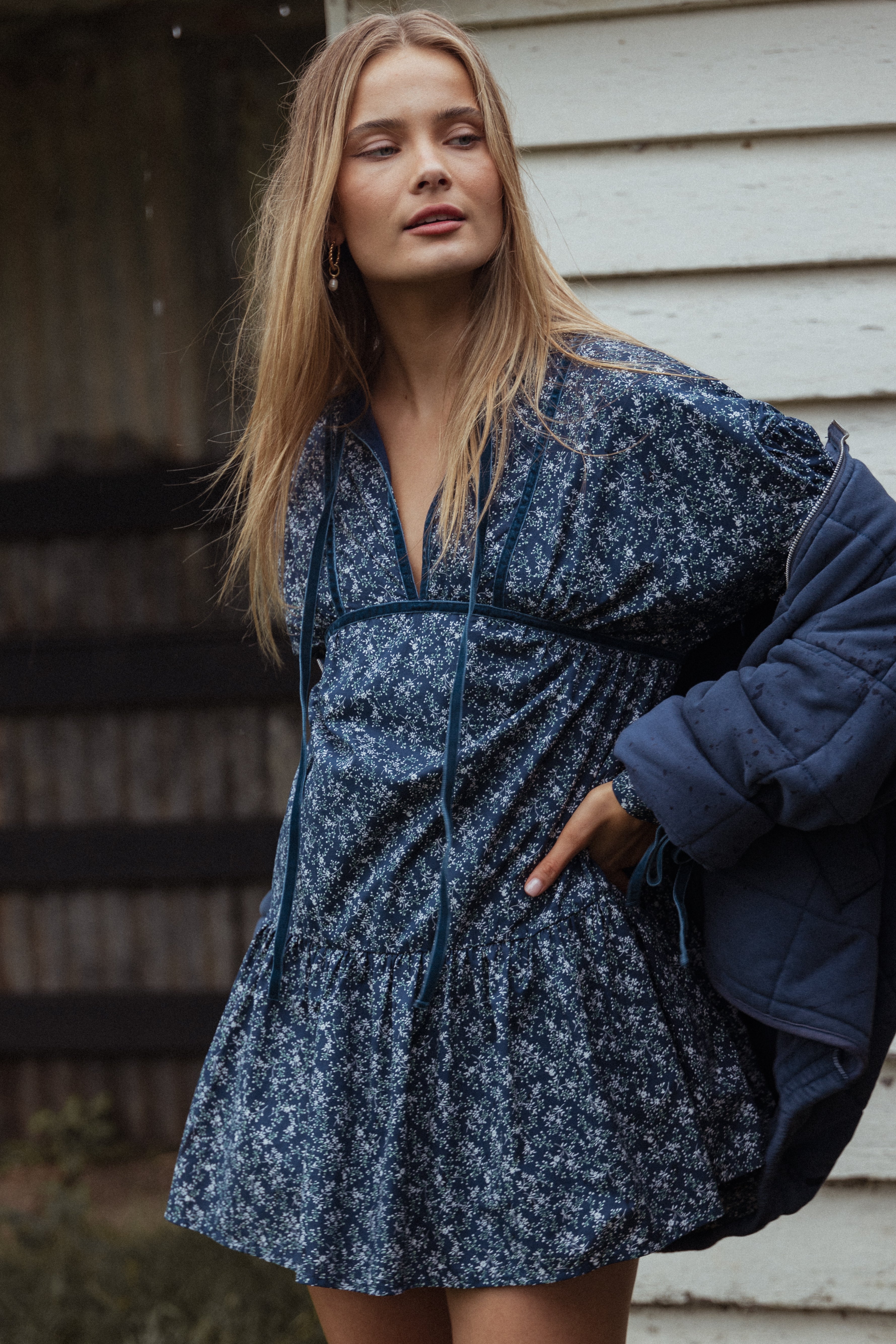 Blue Floral Mini Dress with Tie Neckline & Pockets - Brooklyn