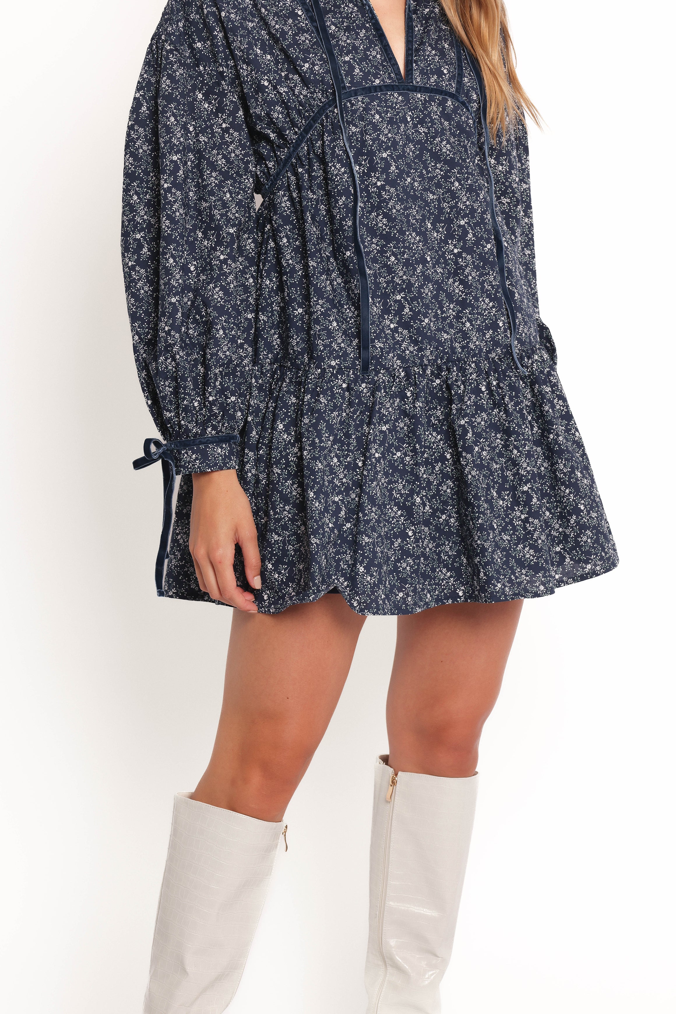 Blue Floral Mini Dress with Tie Neckline & Pockets - Brooklyn