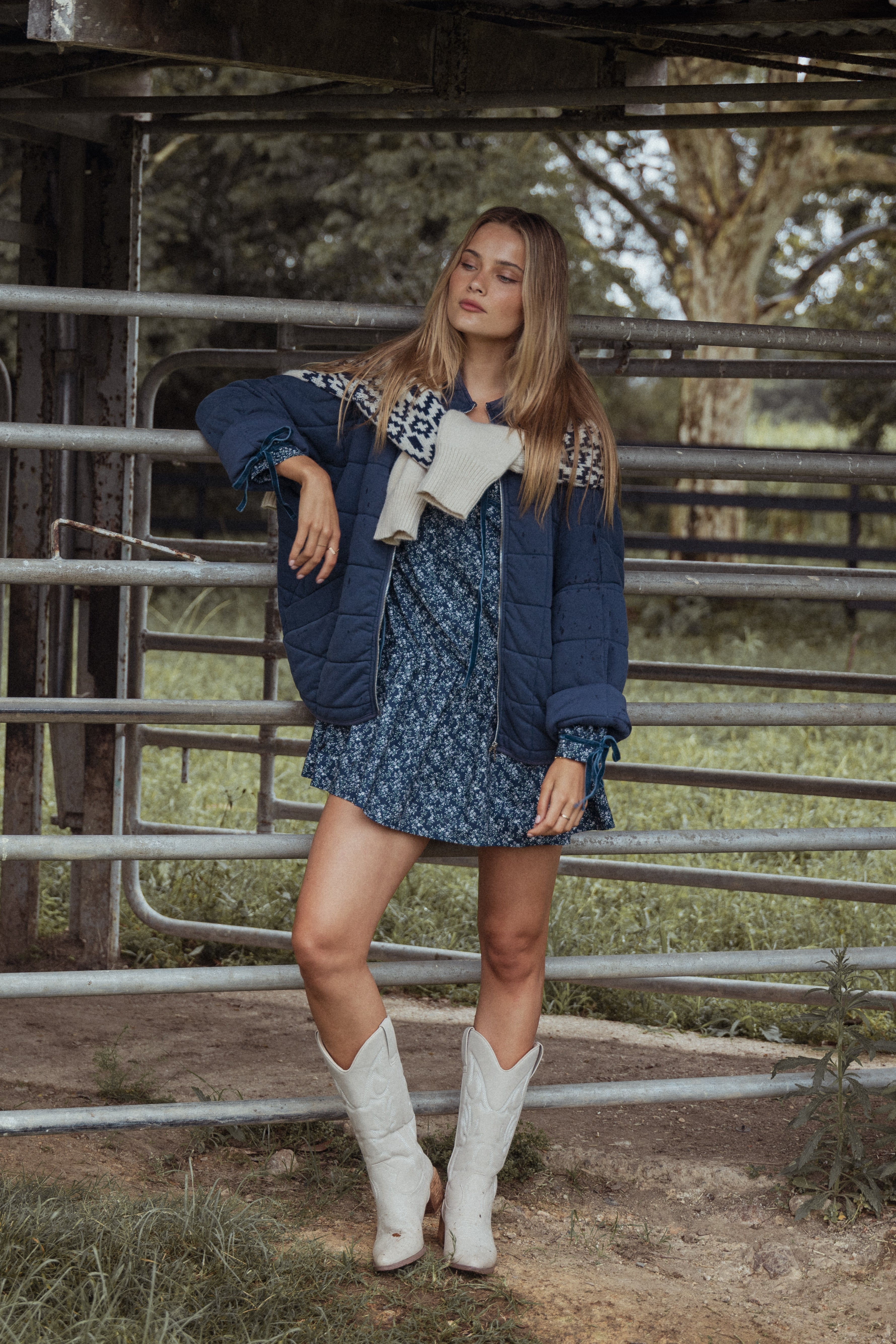 Blue Floral Mini Dress with Tie Neckline & Pockets - Brooklyn