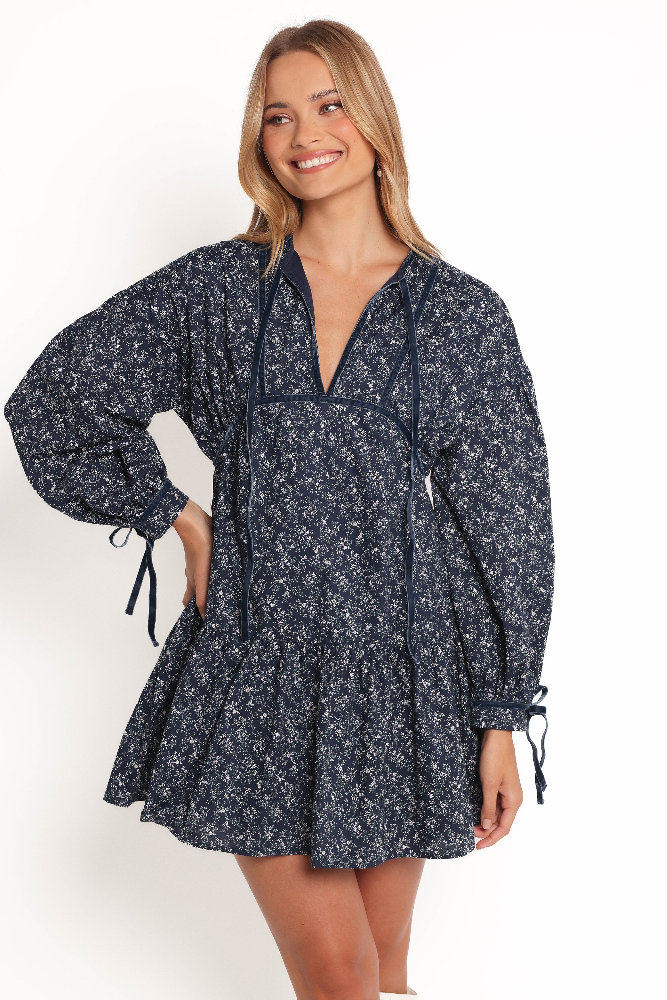 Blue Floral Mini Dress with Tie Neckline & Pockets - Brooklyn