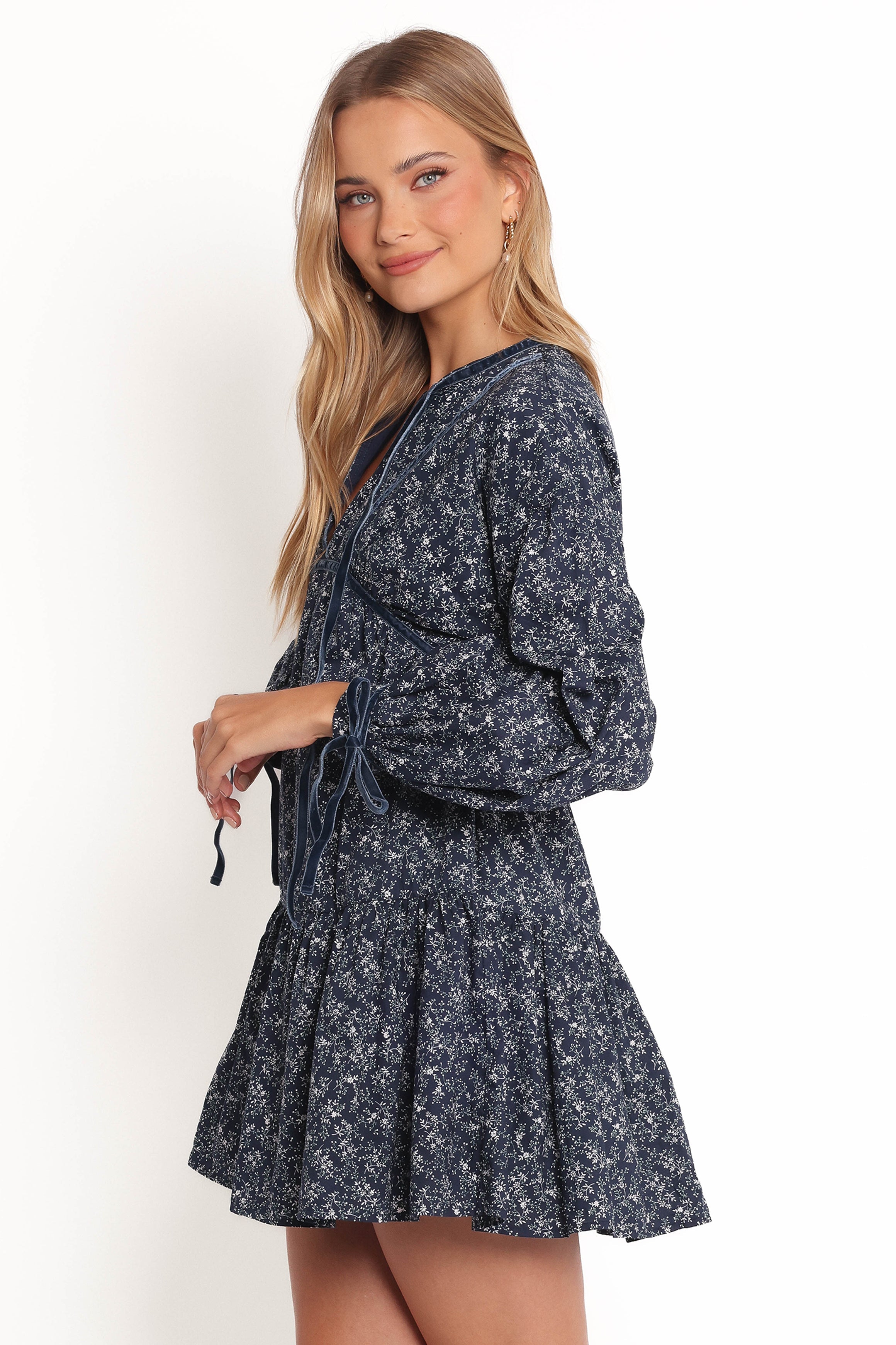 Blue Floral Mini Dress with Tie Neckline & Pockets - Brooklyn