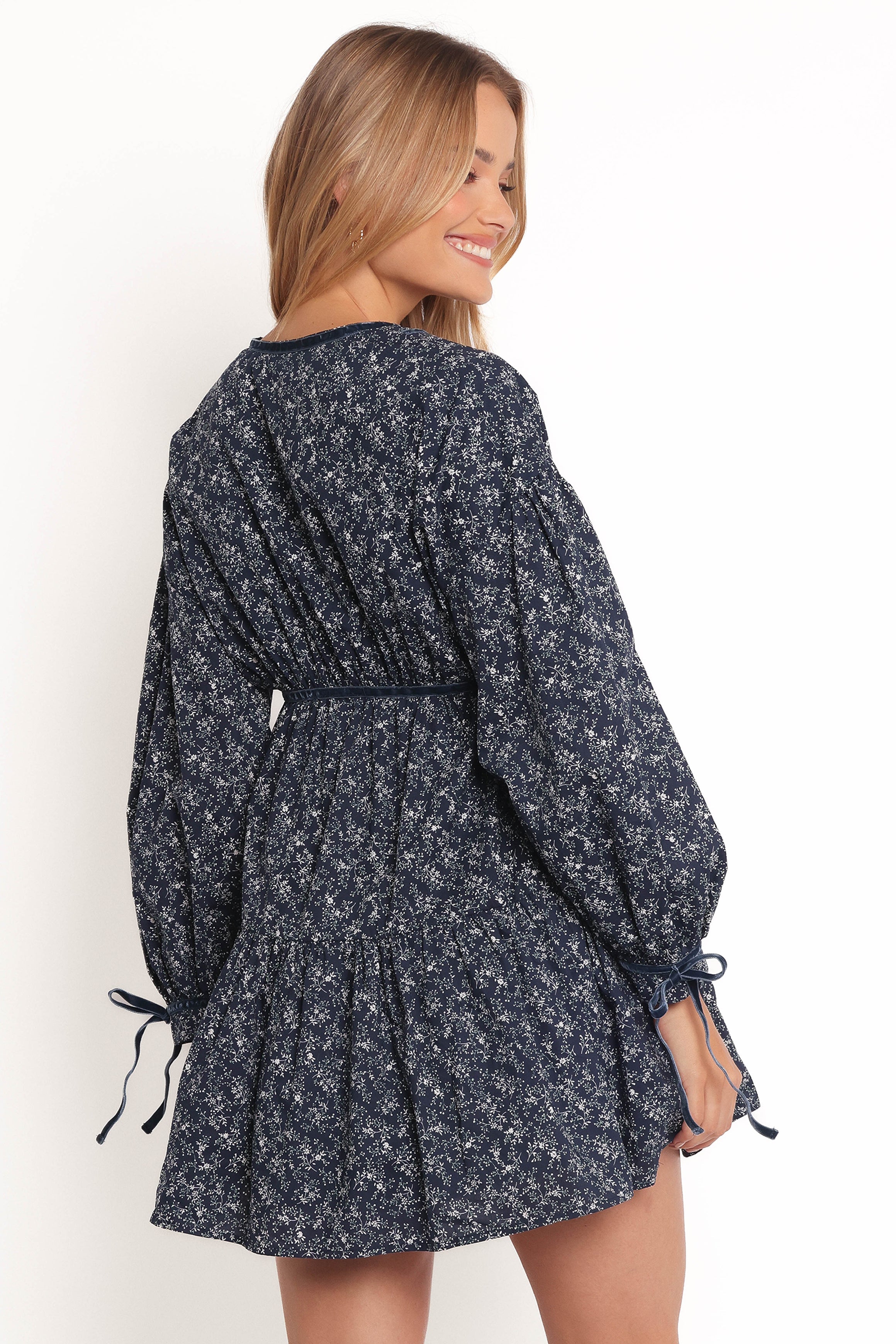 Blue Floral Mini Dress with Tie Neckline & Pockets - Brooklyn