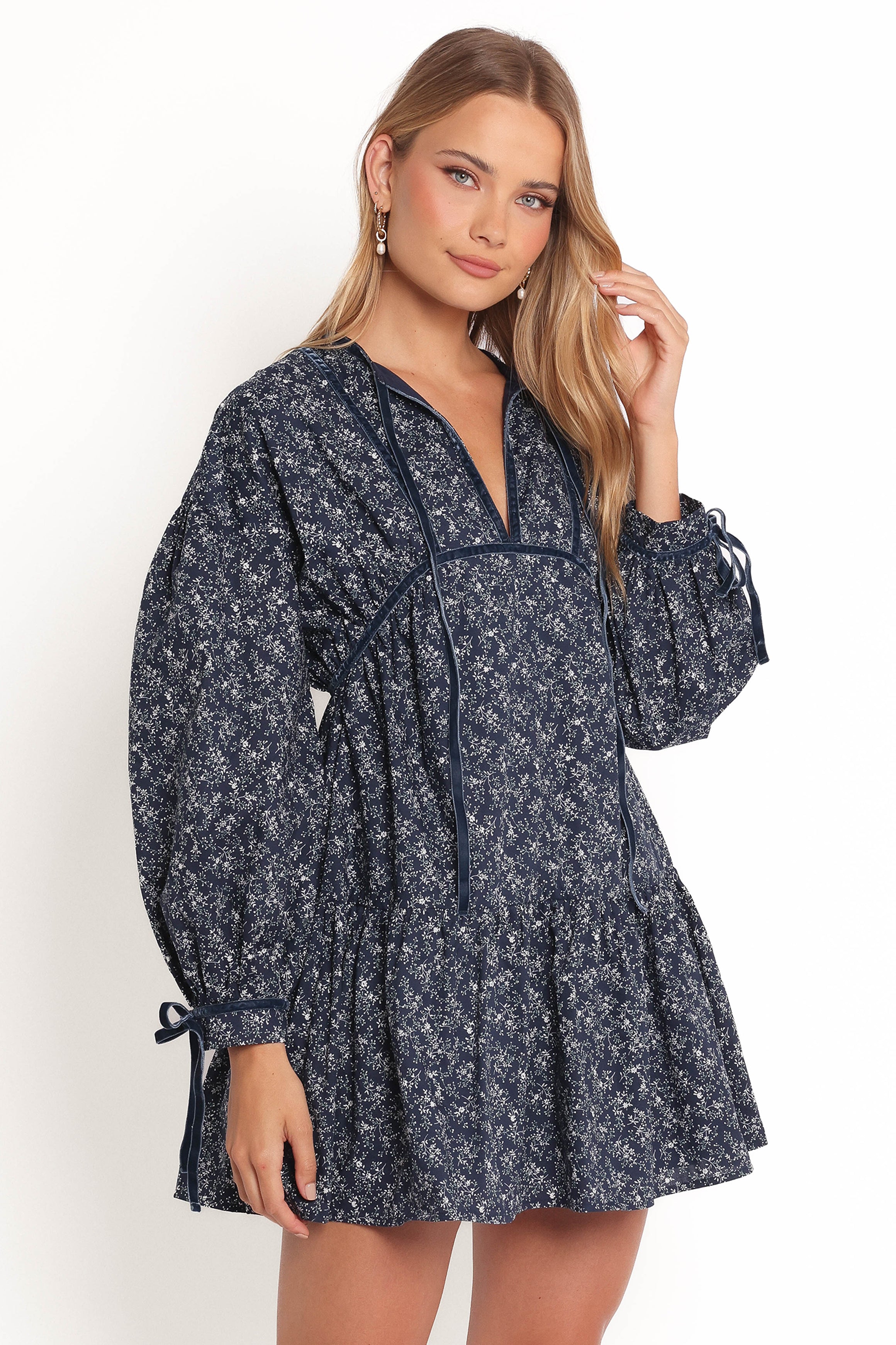 Blue Floral Mini Dress with Tie Neckline & Pockets - Brooklyn
