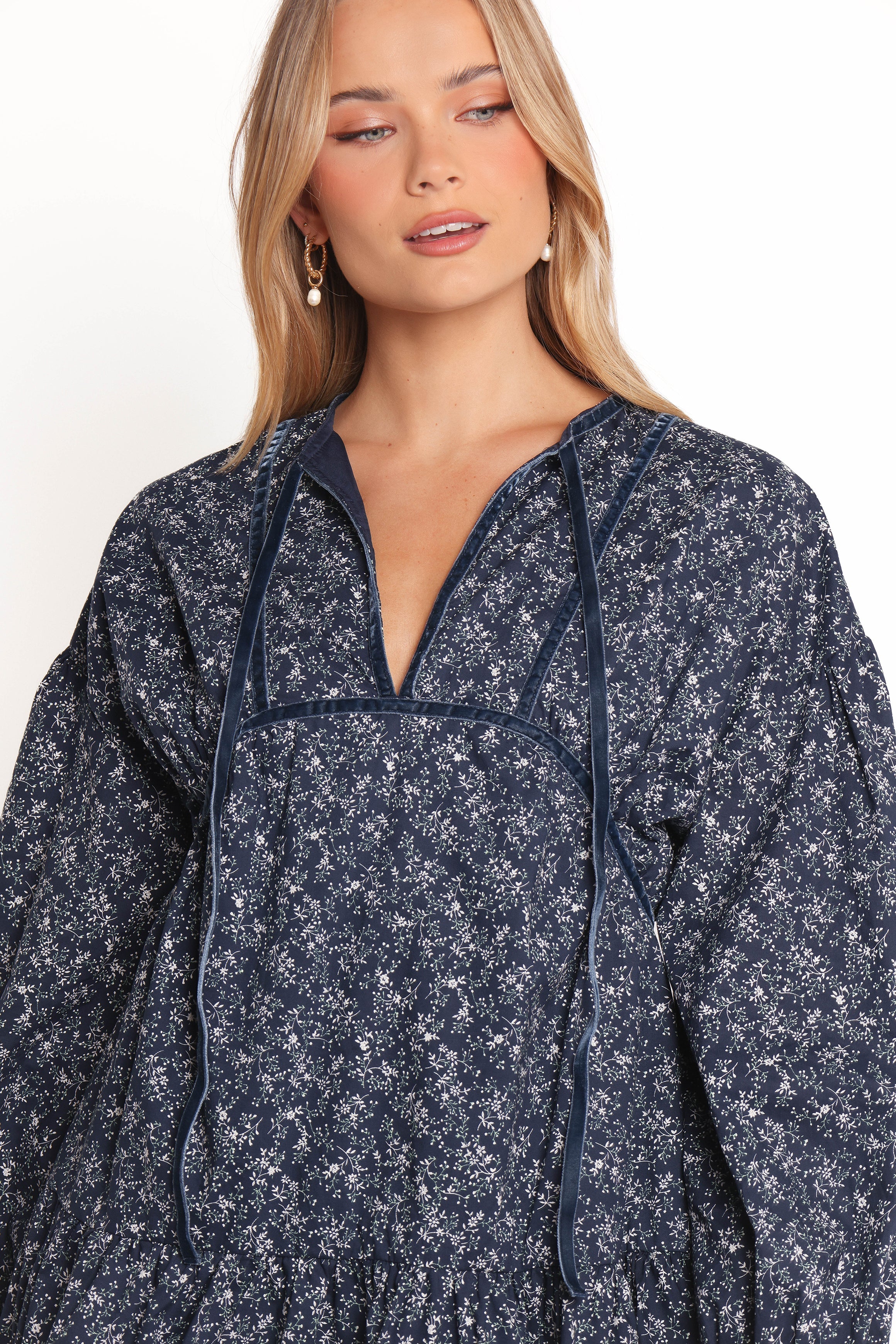 Blue Floral Mini Dress with Tie Neckline & Pockets - Brooklyn