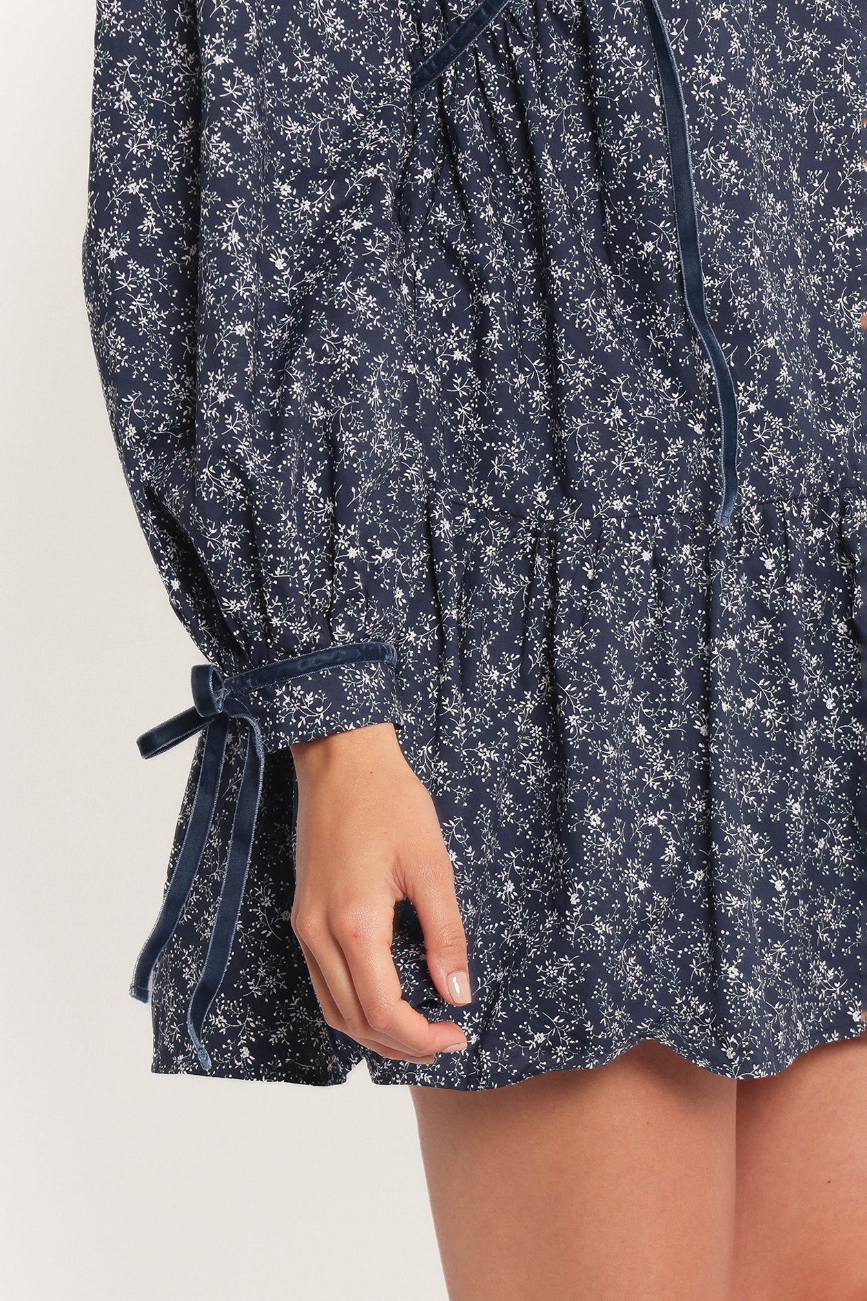 Blue Floral Mini Dress with Tie Neckline & Pockets - Brooklyn