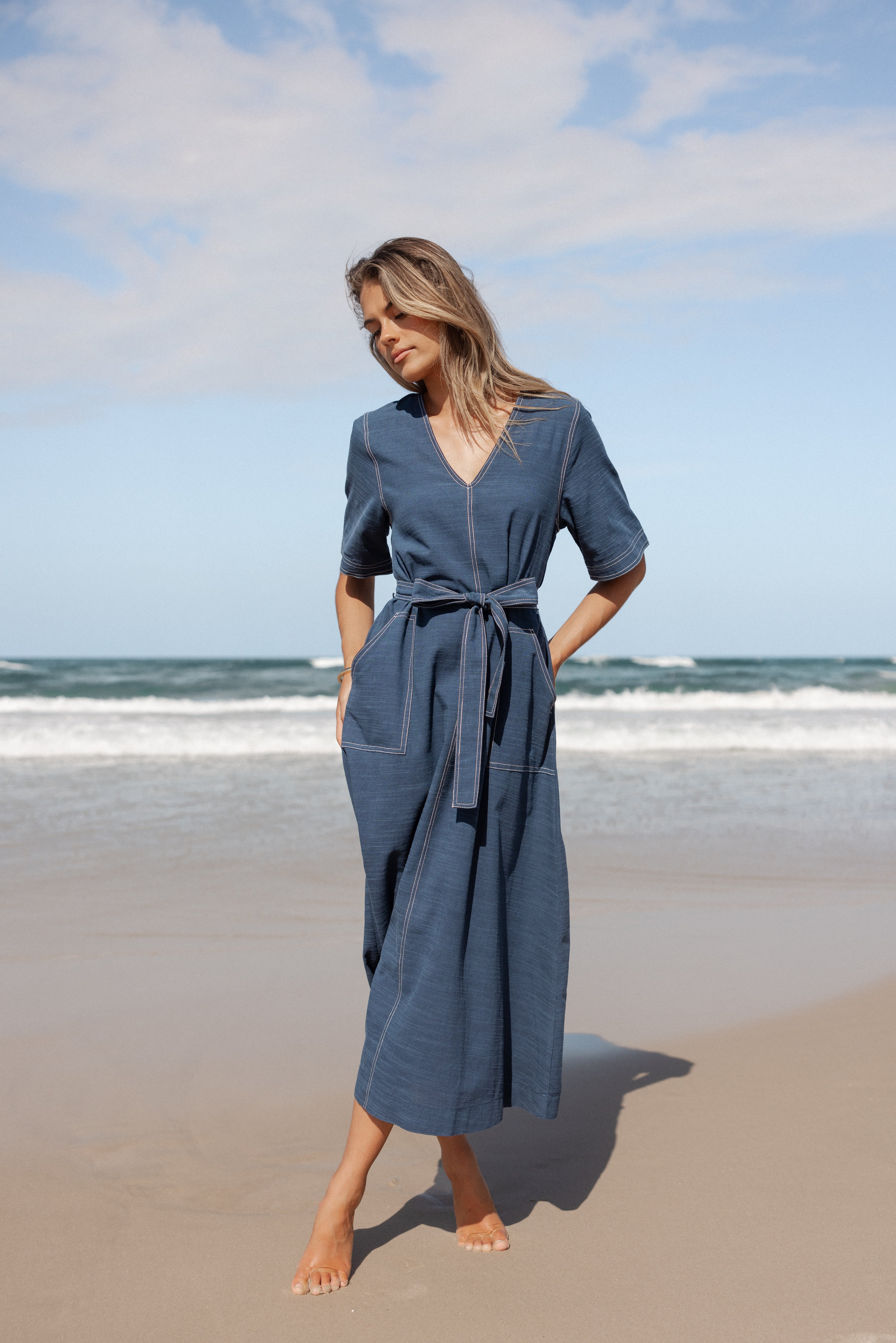 Blue Cotton V-Neck Midi Dress with Pockets & Waist Tie