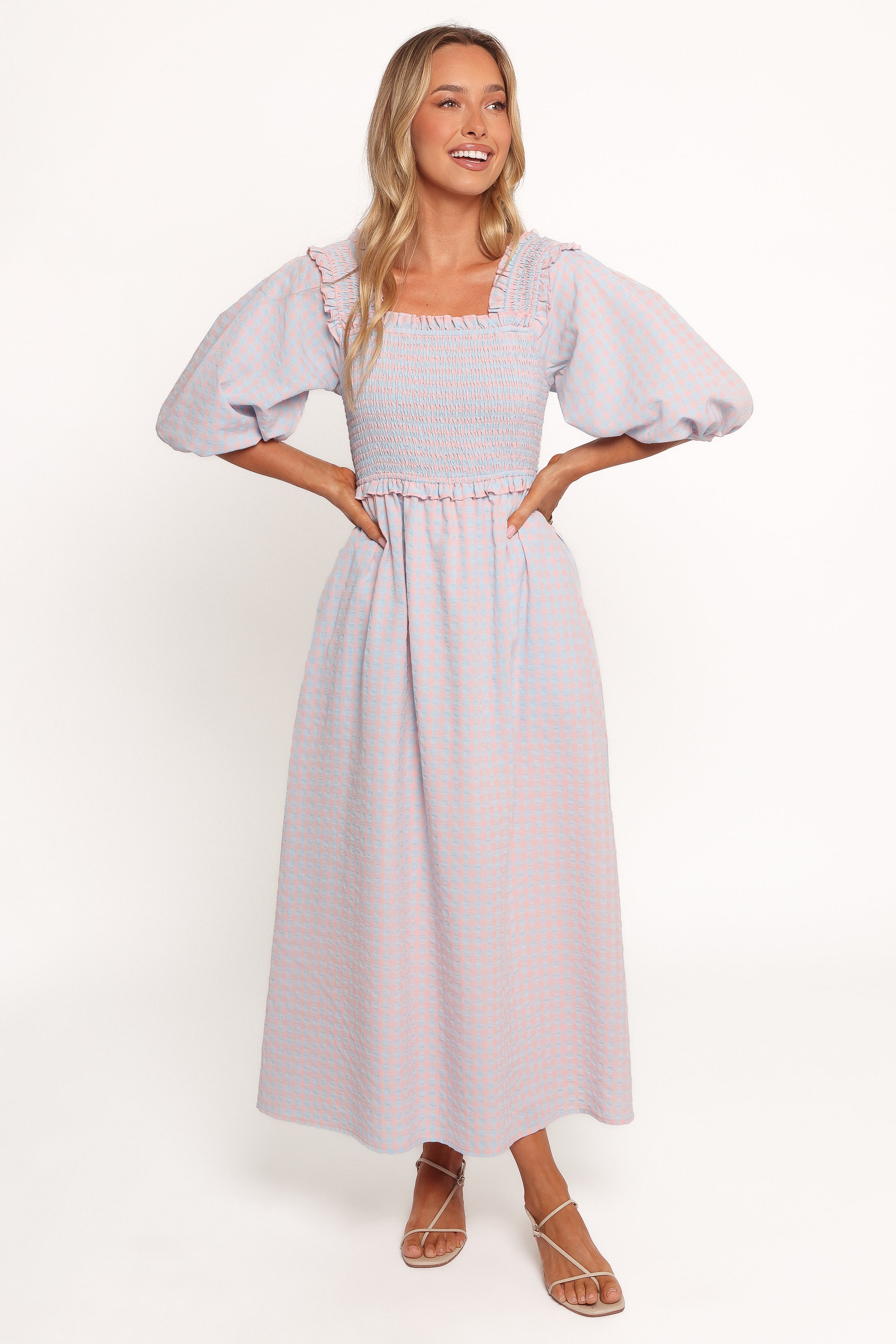 Blue Gingham Lille Dress - A-Line Midi with Puff Sleeves & Pockets
