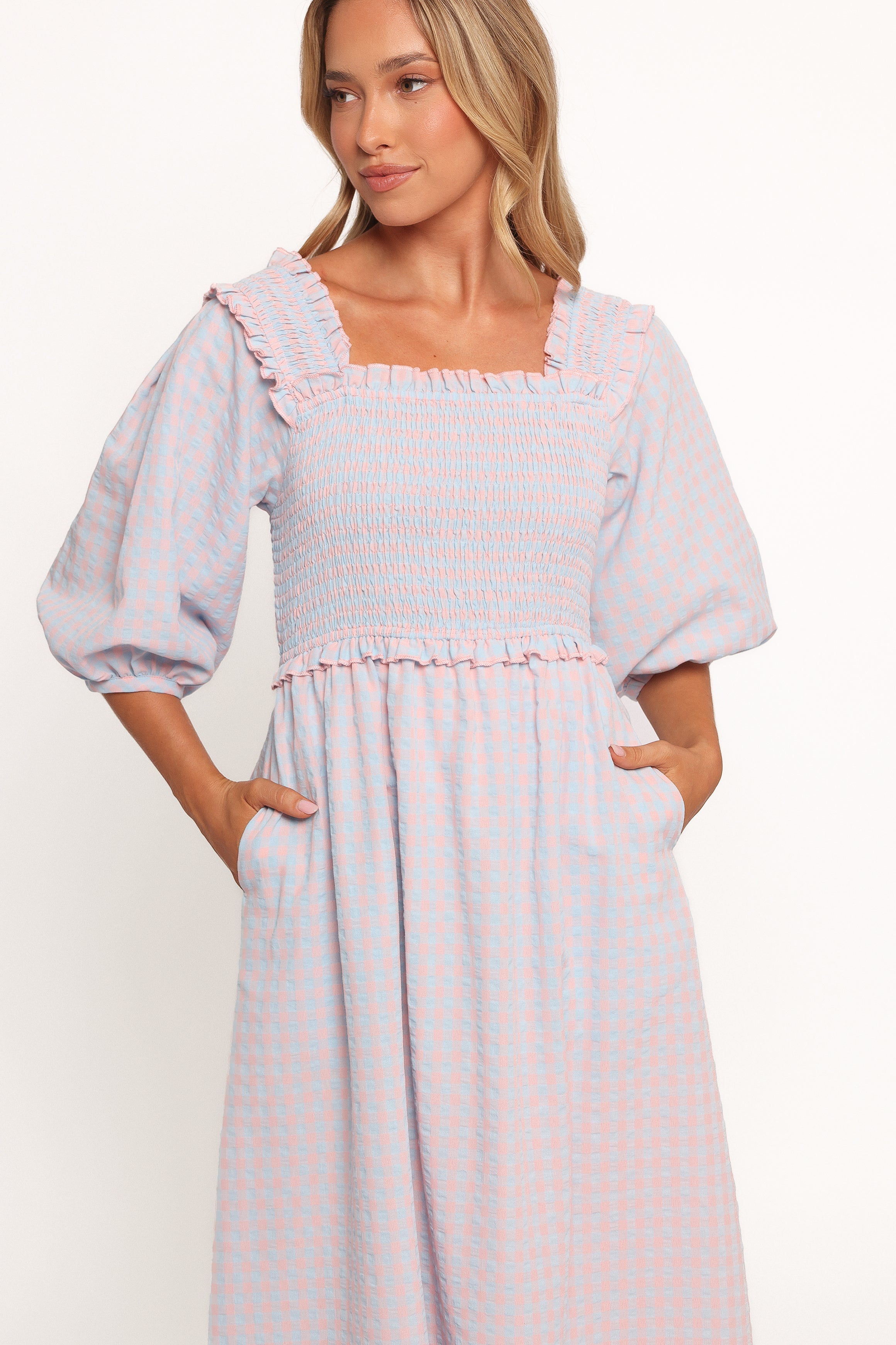 Blue Gingham Lille Dress - A-Line Midi with Puff Sleeves & Pockets