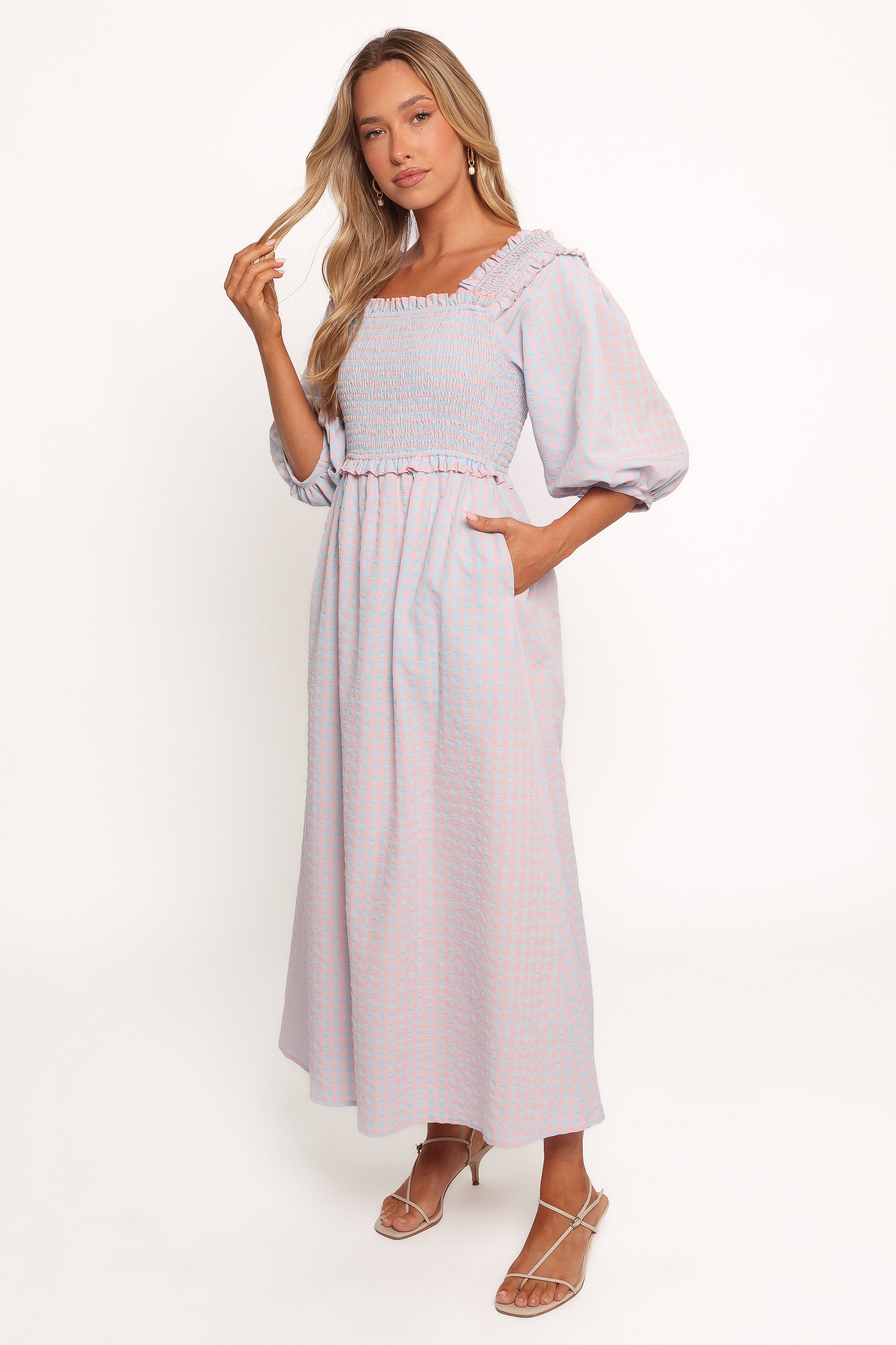 Blue Gingham Lille Dress - A-Line Midi with Puff Sleeves & Pockets
