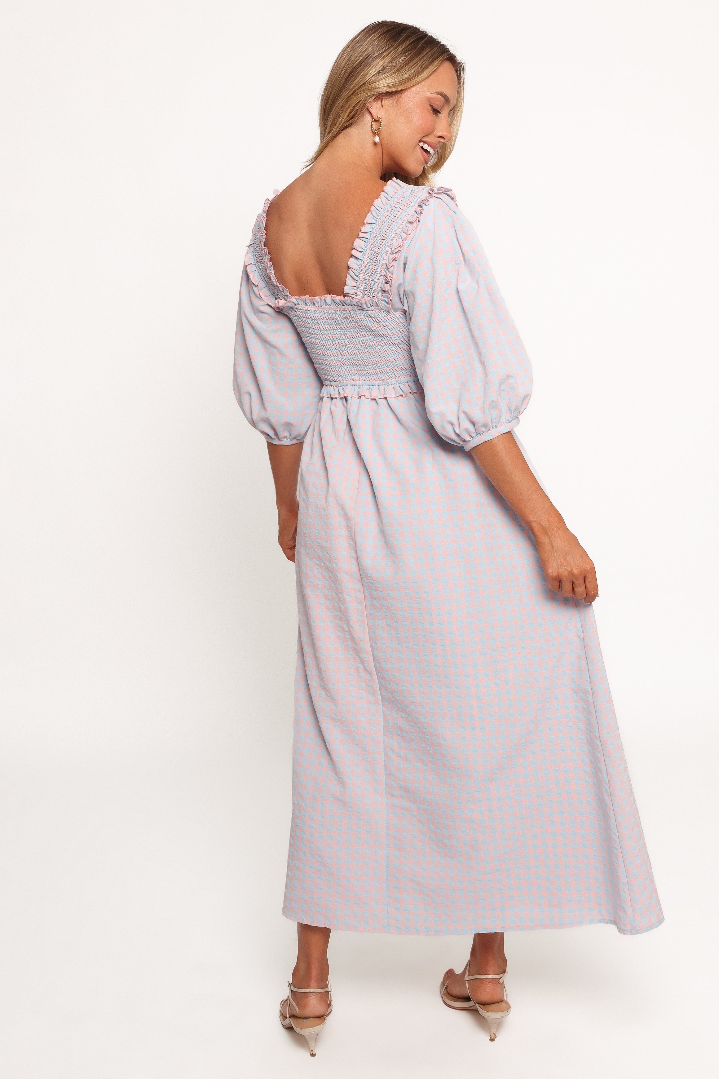 Blue Gingham Lille Dress - A-Line Midi with Puff Sleeves & Pockets