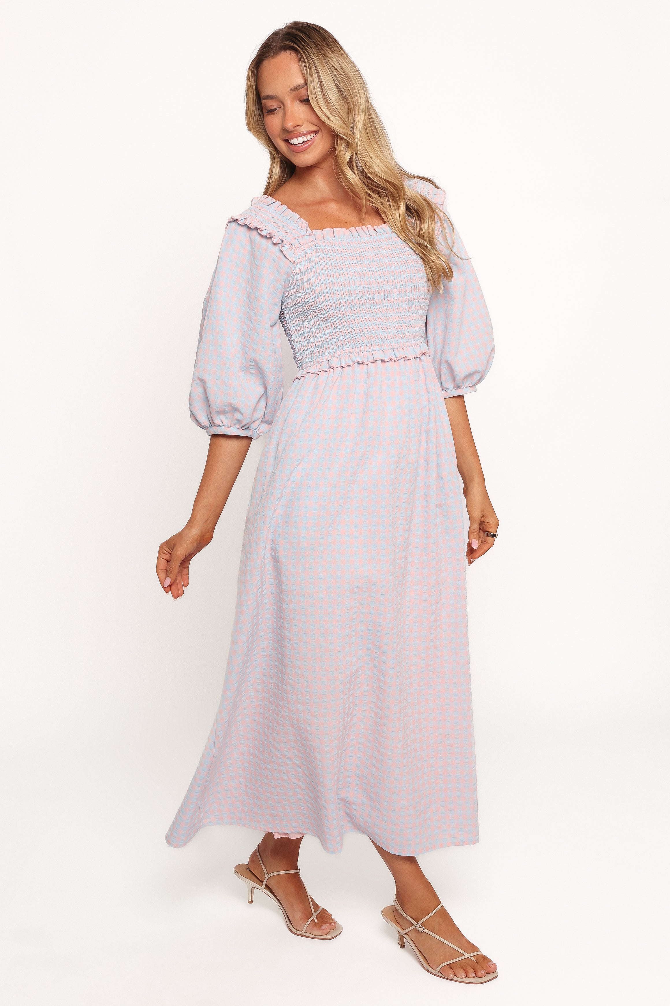 Blue Gingham Lille Dress - A-Line Midi with Puff Sleeves & Pockets