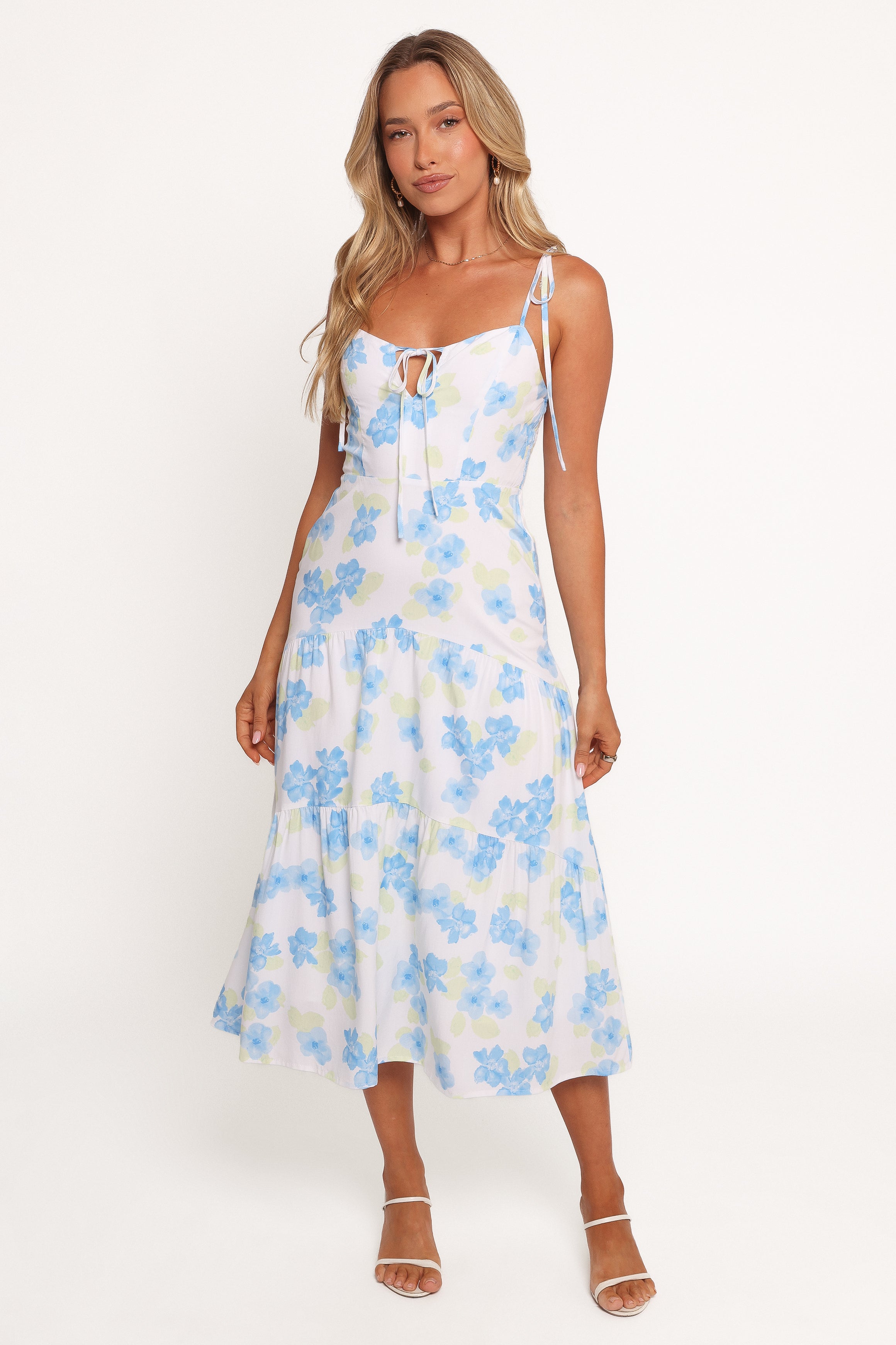 Blue Floral Midi Dress with V-Neck & Cut-Out Detail | Kieran
