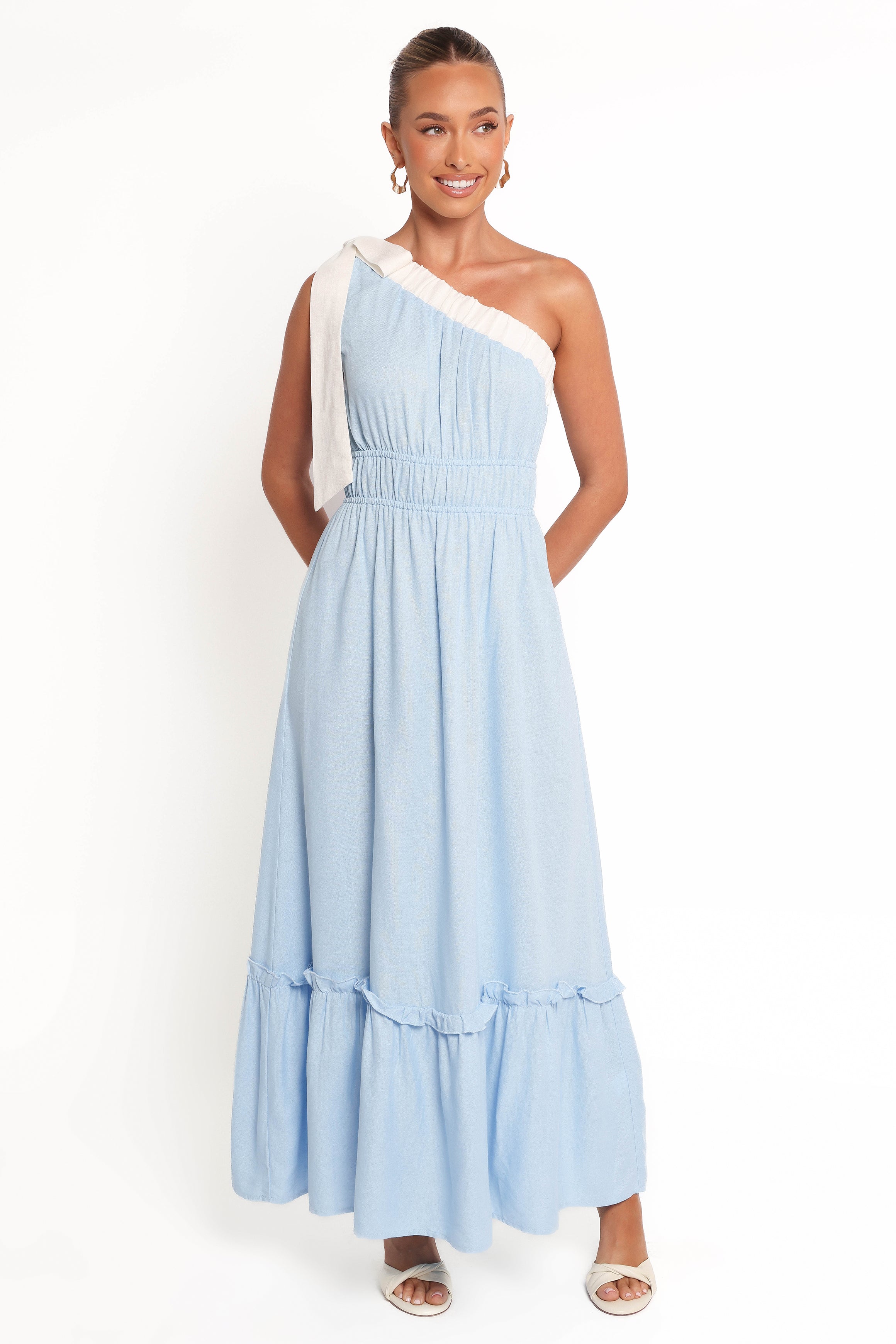 Gilda One Shoulder Blue & White Cotton Linen Maxi Dress