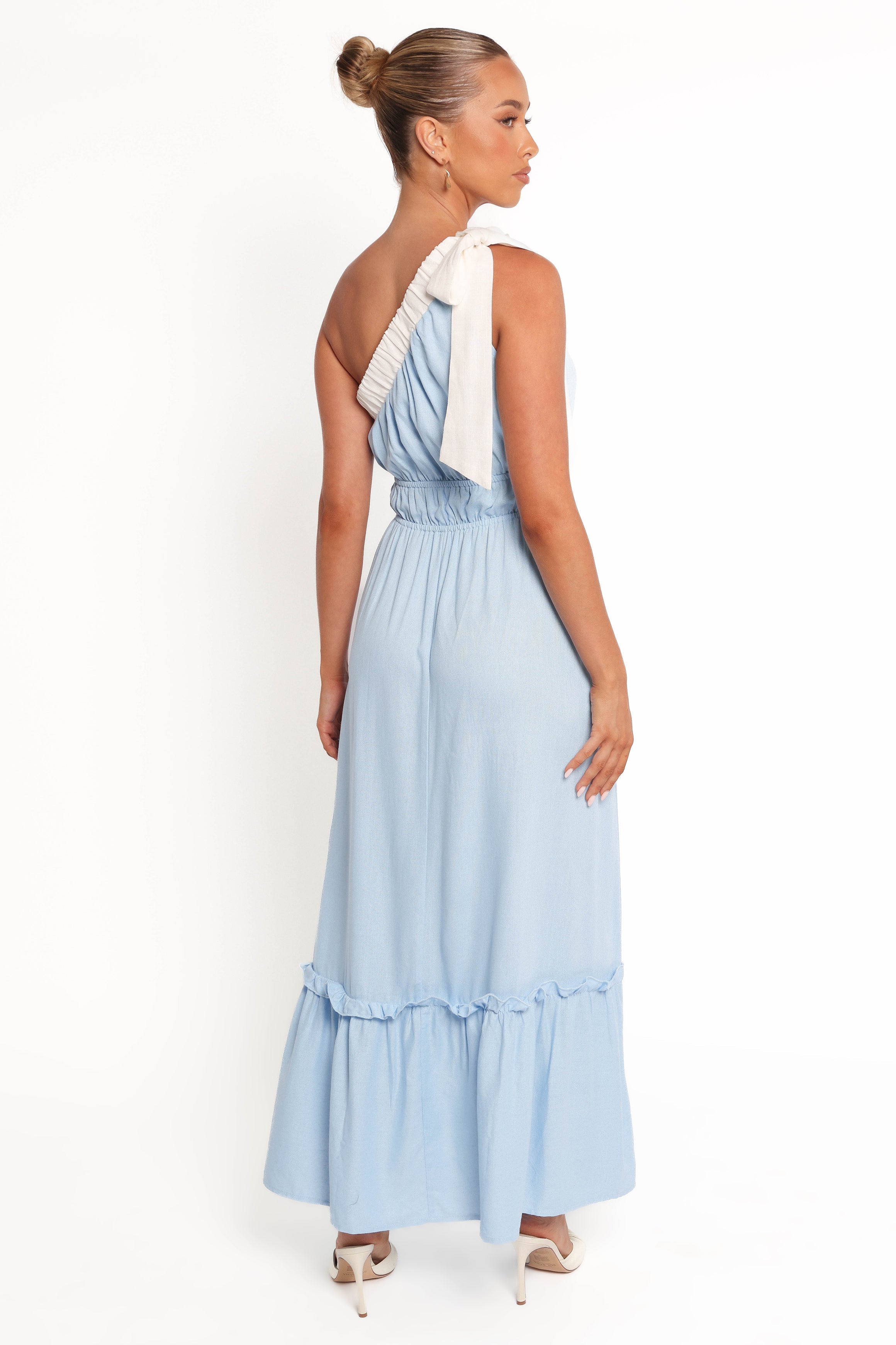 Gilda One Shoulder Blue & White Cotton Linen Maxi Dress