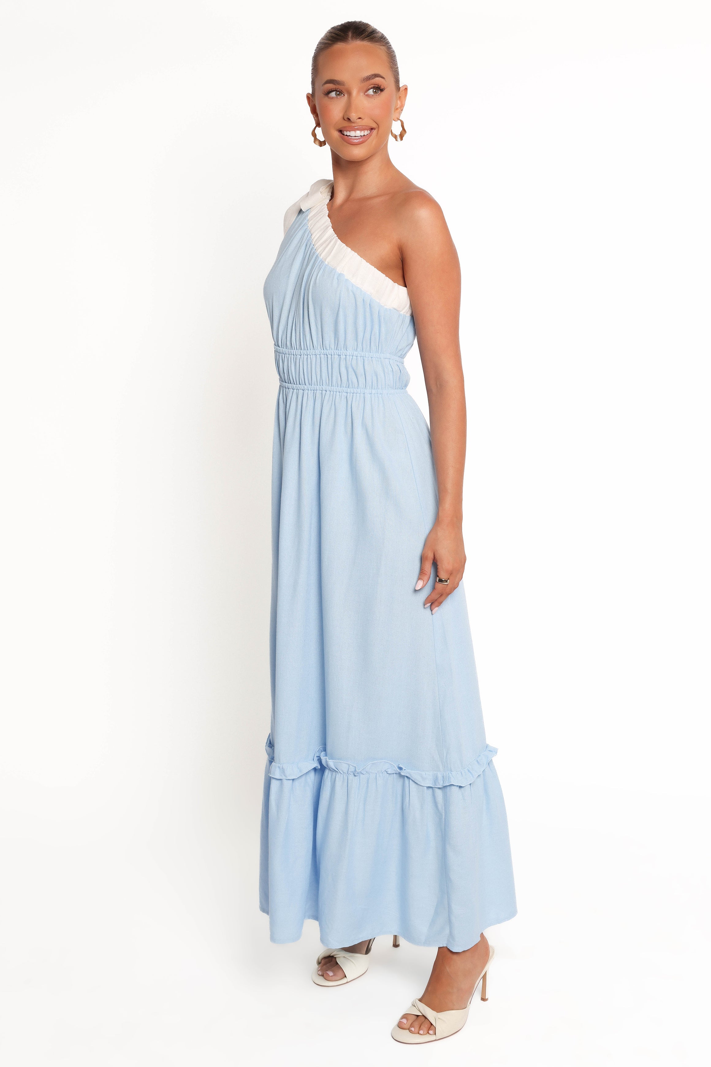 Gilda One Shoulder Blue & White Cotton Linen Maxi Dress