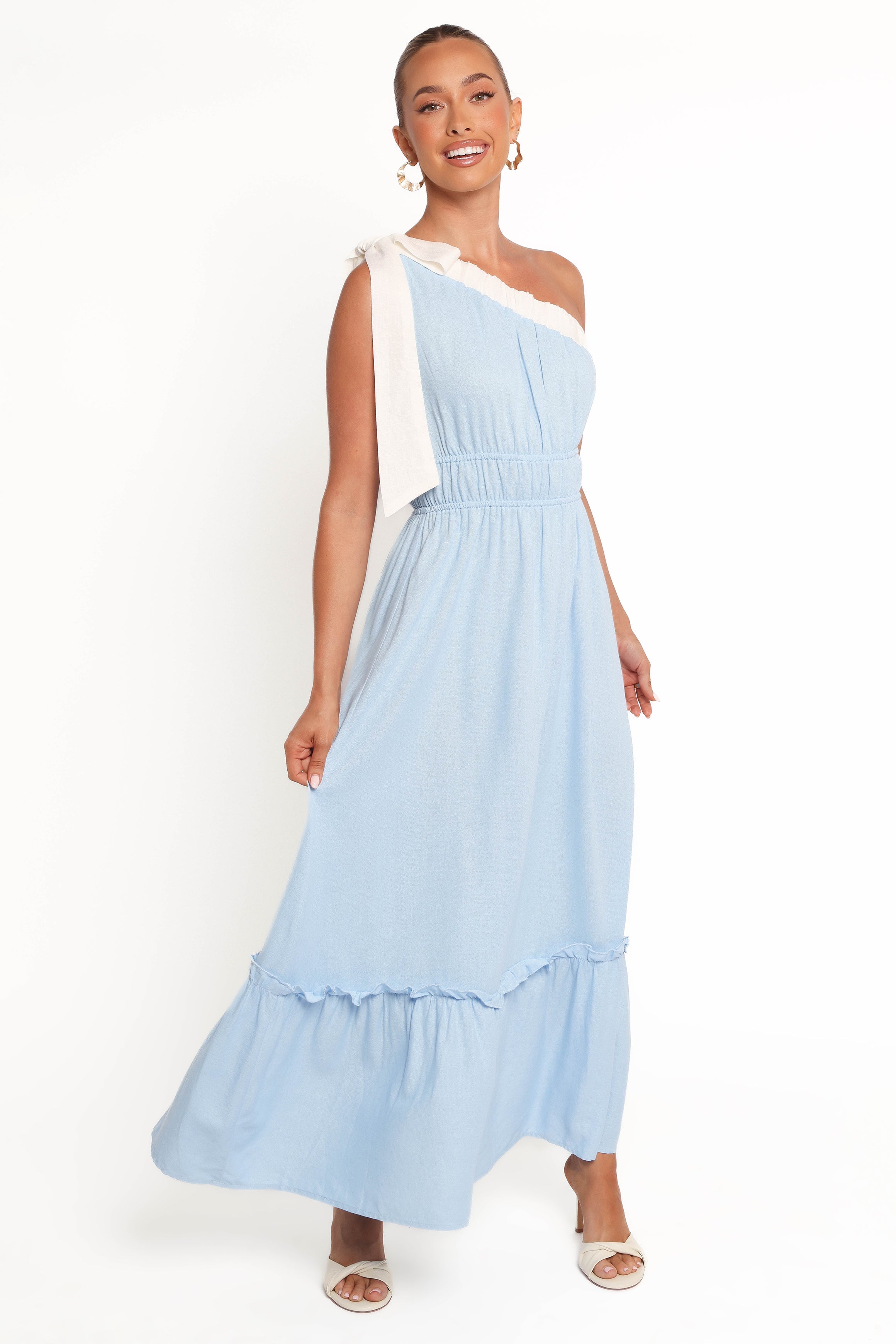 Gilda One Shoulder Blue & White Cotton Linen Maxi Dress